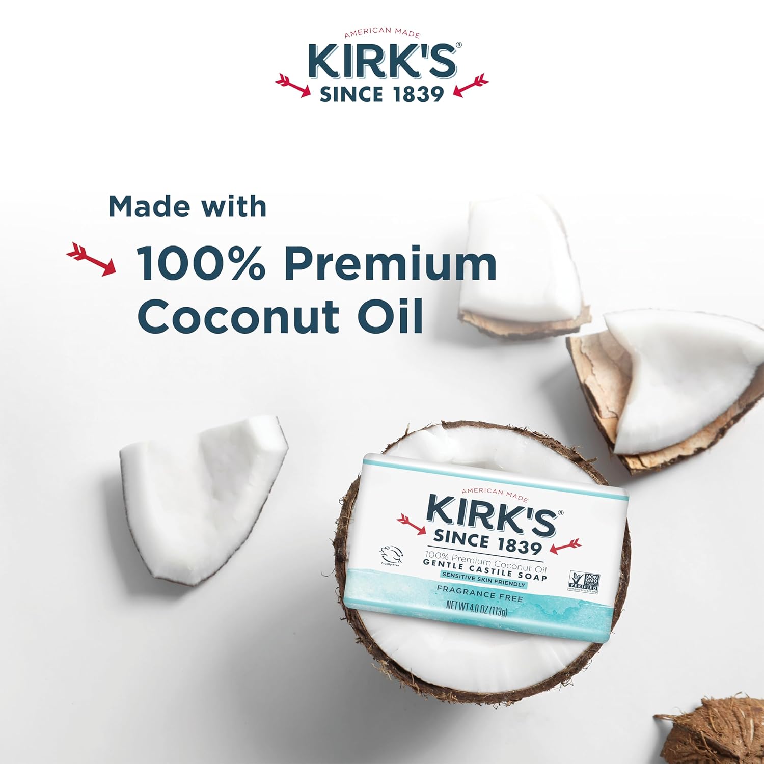 Castile Bar Soap by Kirk’s | Clean Soap for Men, Women & Children | Premium Coconut Oil | Sensitive Skin Formula, Vegan | Fragrance-Free/Unscented | 4 oz. Bars - 4 Pack - Image 3