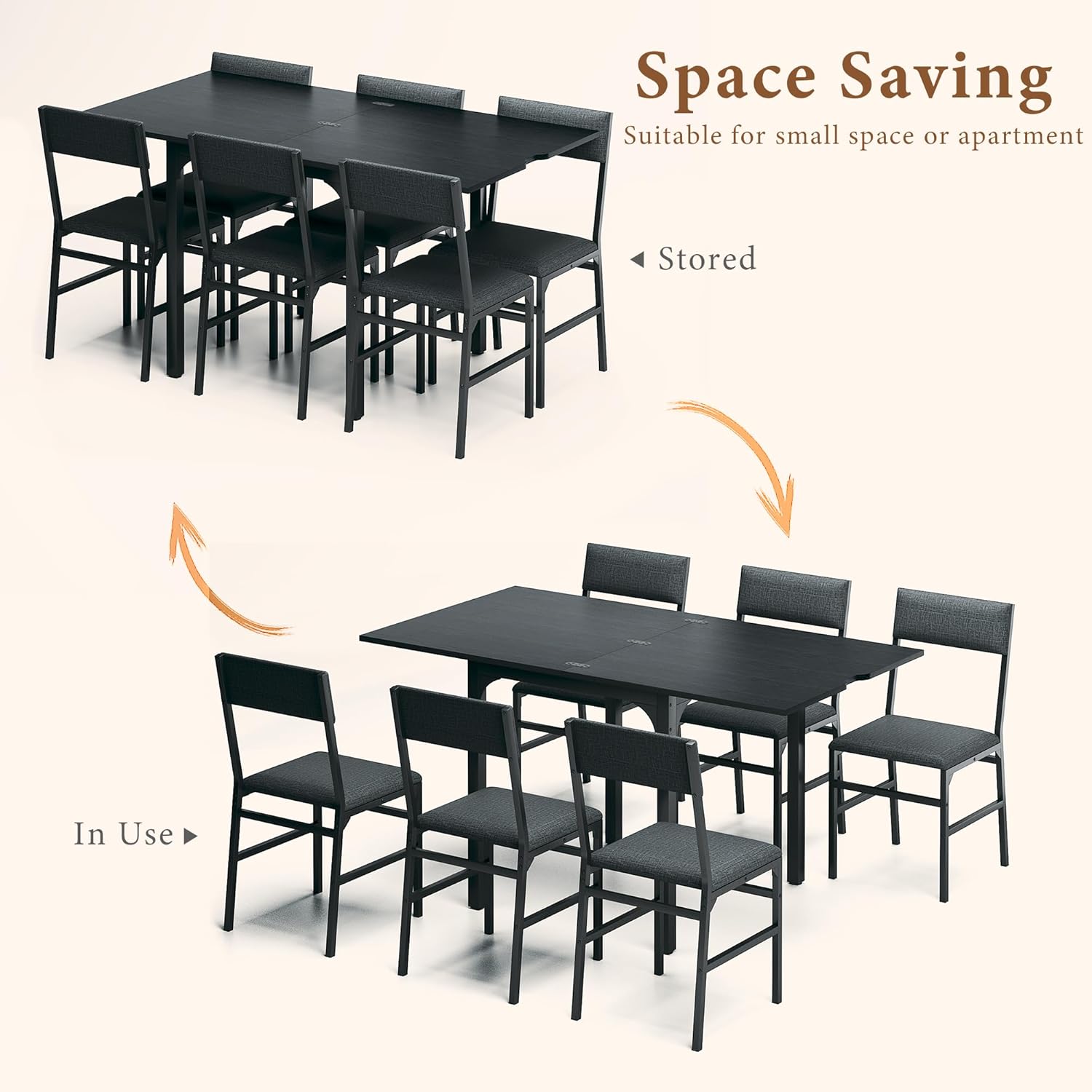 7-Piece Dining Table Set for 4-6, Extendable Kitchen Table Cushion Chairs Set of 6 with 6 Chairs, Rectangle Dining Table with Metal Frame & MDF Board, Folding for Small Apartment Saving Space, Black - Image 4