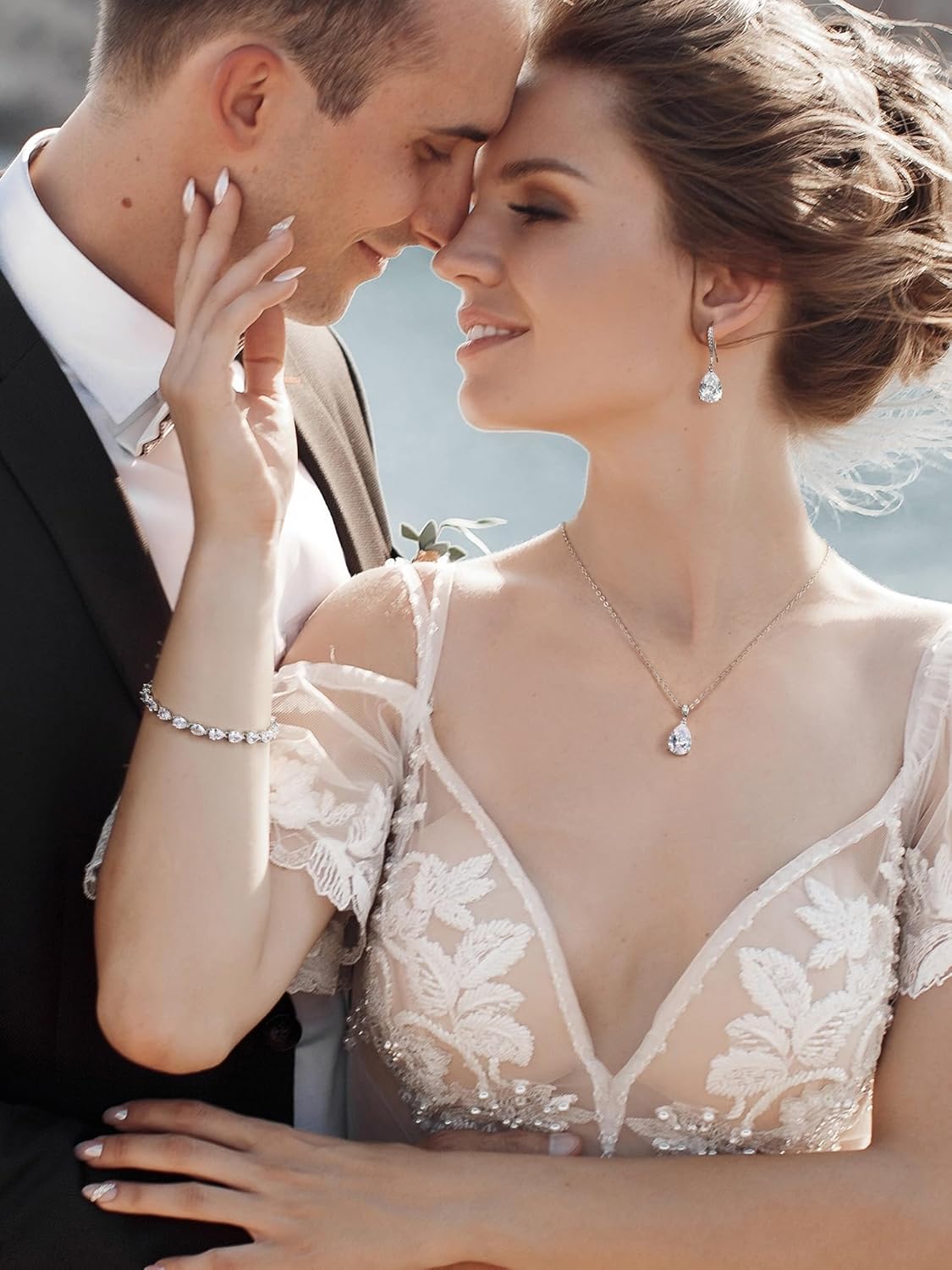 SWEETV Bridal Jewelry Set for Wedding, Cubic Zirconia Necklace Dangle Drop Earrings Bracelet Set, Teardrop Marquise Brides Bridesmaids Wedding Prom Anniversary Jewelry Gifts for Women - Image 3