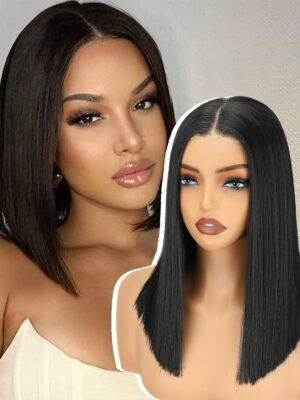 NOSTLAGIA Glueless Wigs Pre Plucked Pre Cut for Beginners Synthetic Lace Front Wigs for Women,Black Wig for Women 14 Inch Short Bob Lace Hairline Middle Part for Daily Party 3 Seconds to Wear