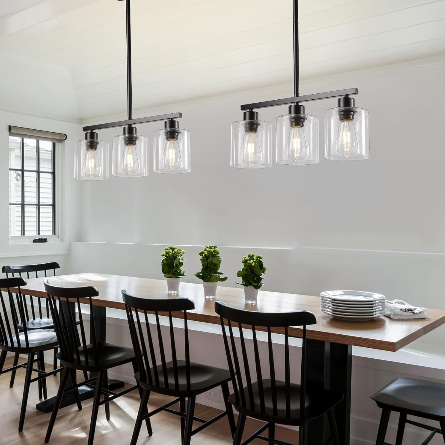 3-Light Kitchen Island Lighting, Black Pendant Light Fixture, Farmhouse Dining Room Light Fixtures Over Table, Modern Hanging Light Fixtures with Clear Glass, E26 Base, Bulbs Not Included - Image 7