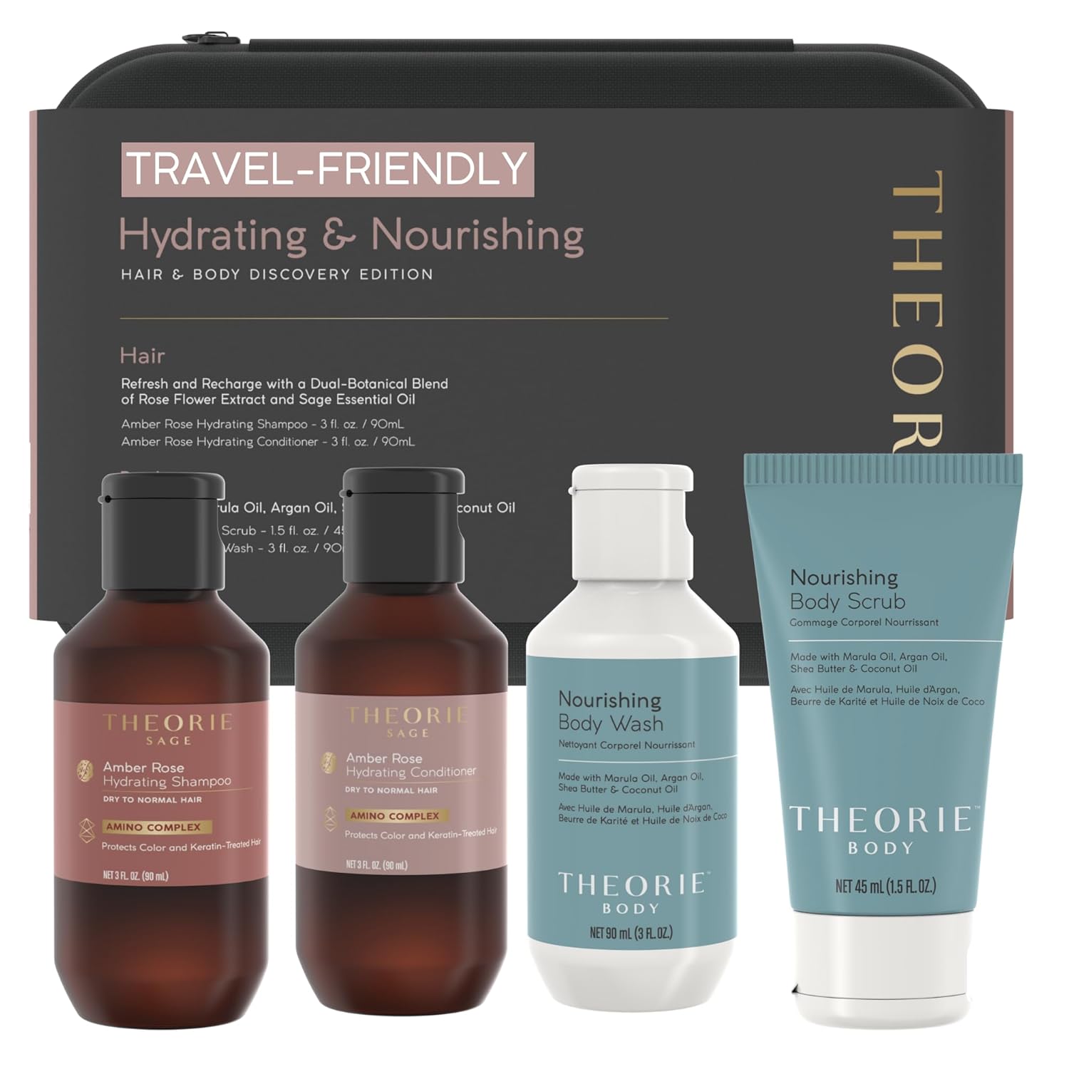 THEORIE Hydrating & Nourishing Travel Kit – Amber Rose & Nourishing Collection | Shampoo, Conditioner, Body Wash & Exfoliating Scrub | Clean Beauty for Hair & Skin