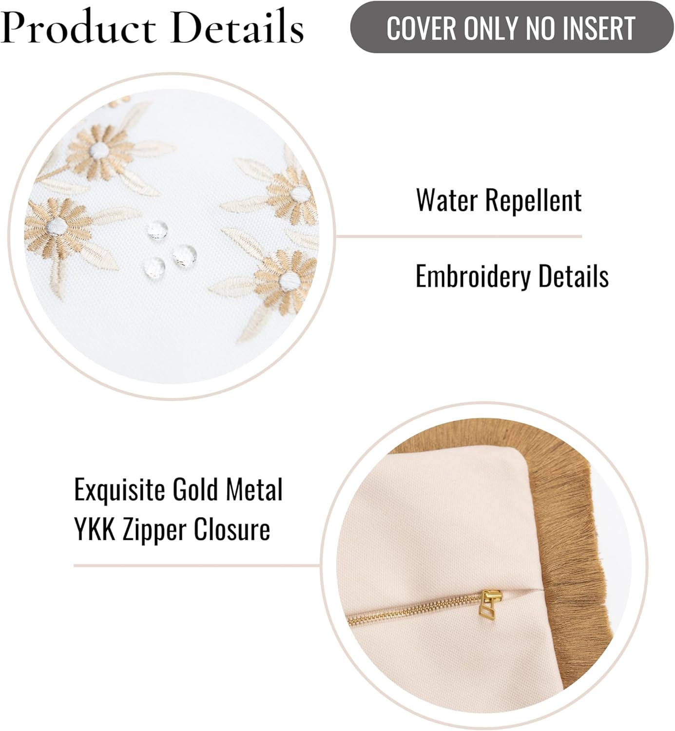 Hofdeco Premium Coastal Patio Indoor Outdoor Lumbar Pillow Cover Only, 12"x20" Water Repellent for Backyard, Couch, Neutral Tan Embroidered Floral with Fringe - Image 5