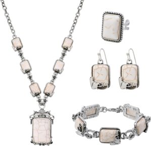 4 PCS Western Turquoise Jewelry for Women Boho Vintage Navajo Pearl Necklace Earring Bracelet Ring Set Country Cowgirl Accessories for Gift