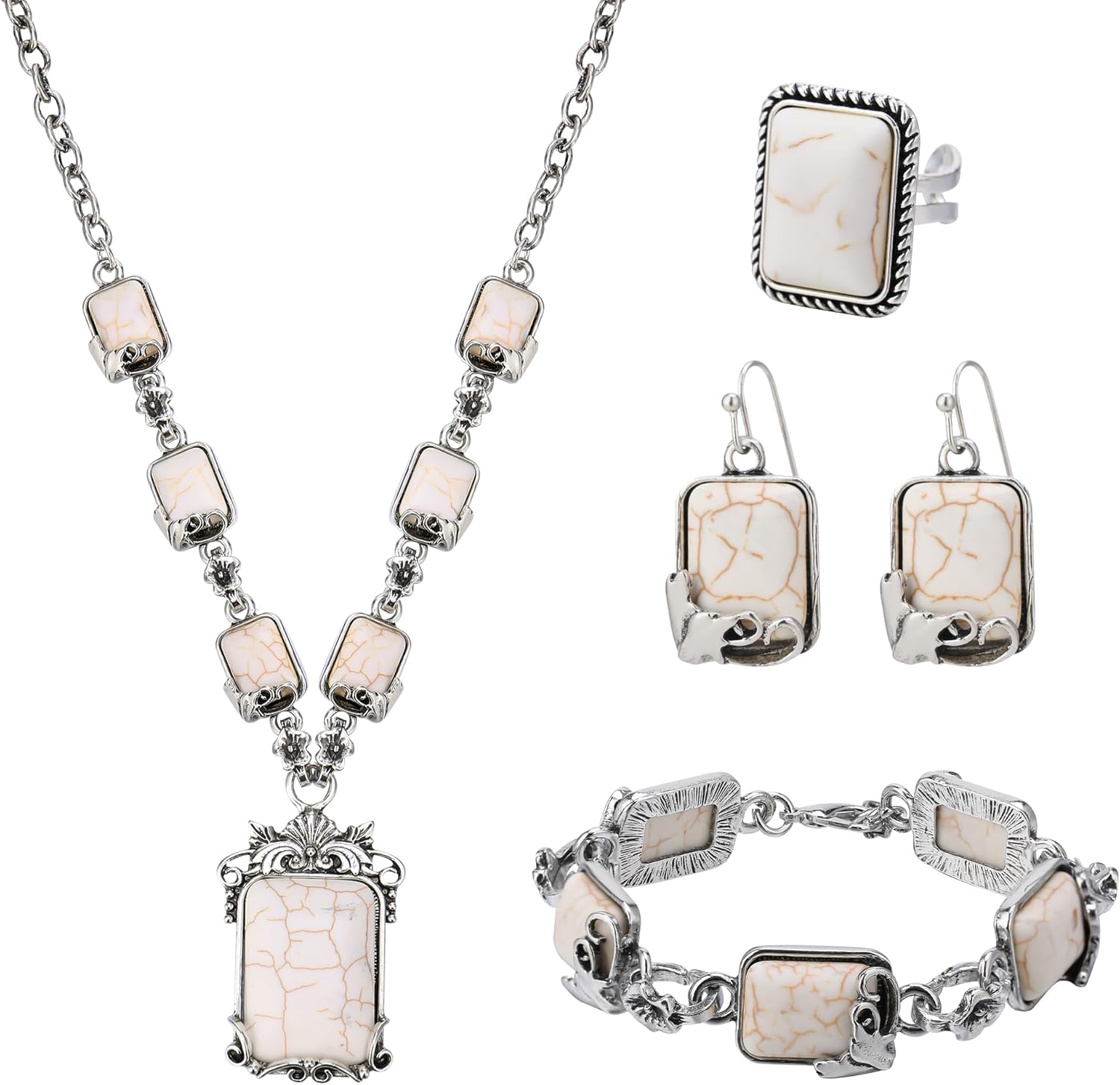 4 PCS Western Turquoise Jewelry for Women Boho Vintage Navajo Pearl Necklace Earring Bracelet Ring Set Country Cowgirl Accessories for Gift