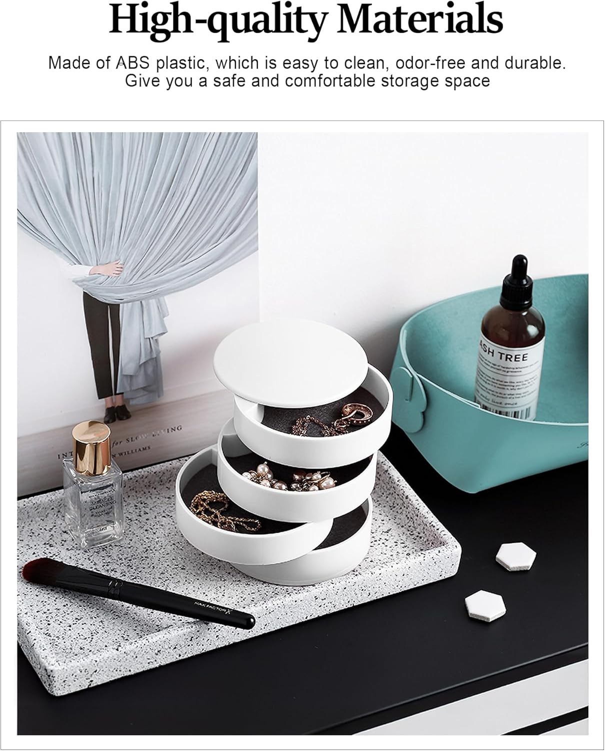 CONBOLA Jewelry Organizer, Small Jewelry Storage Box Earring Holder for Women, 5-Layer Rotating Travel Jewelry Tray Case with Lid for Bracelets Rings Bracelets, Gift for Women Teen Girls(White) - Image 4