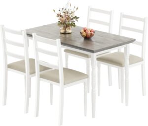 DWVO 5 Piece Dining Table Set with Upholstered Chairs Kitchen Table and Chairs for 4 People Rectangular Modern Dinner Table Set with Roman Column Style for Dining Room Kitchen Small Spaces Grey