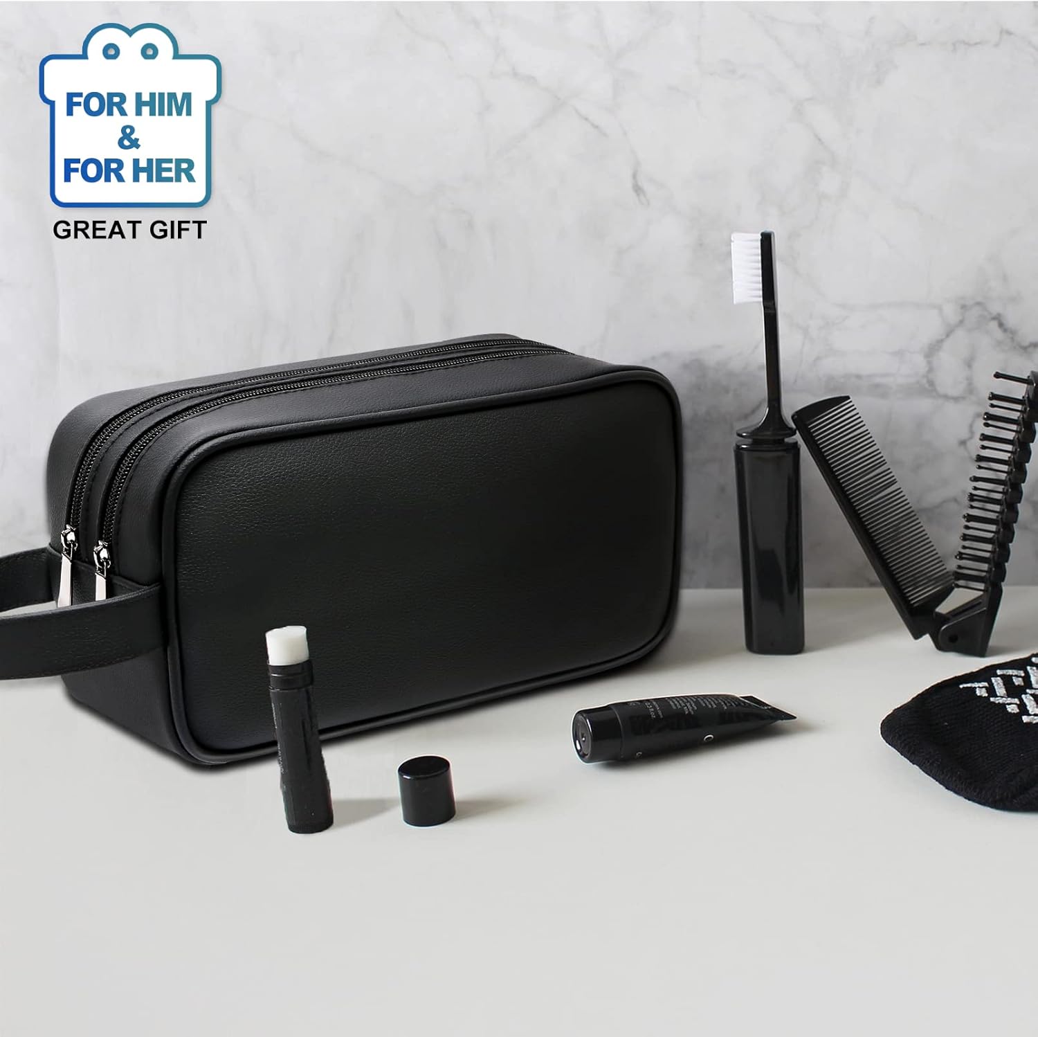 HappyDavid Soft PU Leather Zipped Travel Toiletry Bag Mens Ladies Supply Toiletry Bag Case(Black) - Image 7