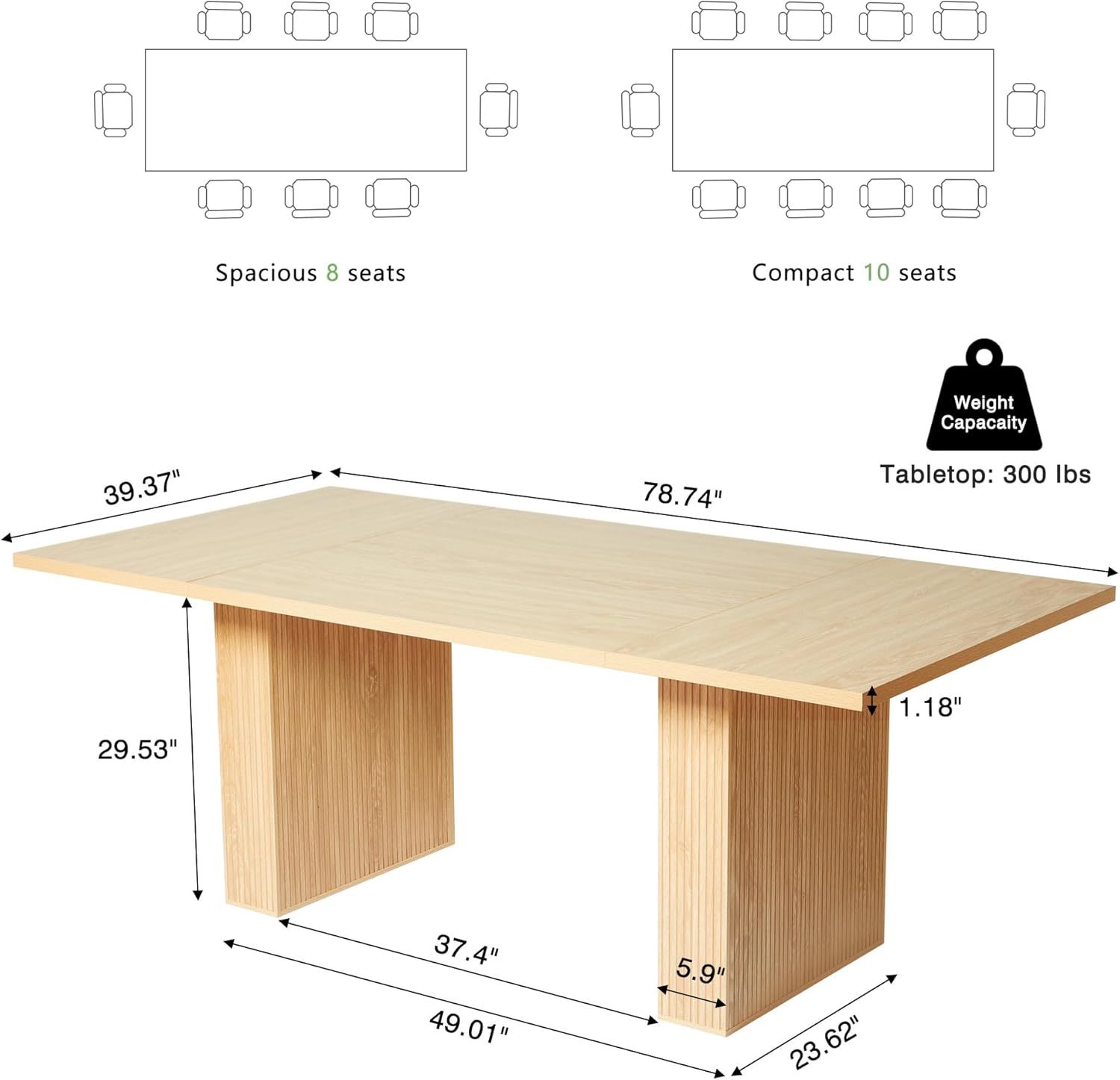 78 Inch Dining Table for 6 8 10, Modern Farmhouse Rectangular Kitchen Table, Long Dining Room Tables with Wood Strip Base for Kitchen Living Room (Natural) - Image 2