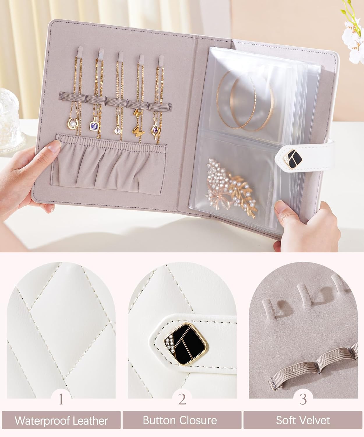 Homde Women Travel Jewelry Box: Traveling Organizer for Ring Necklace Bracelet - Storage Book with Plastic Pouches for Friend Sister Mother - Image 5