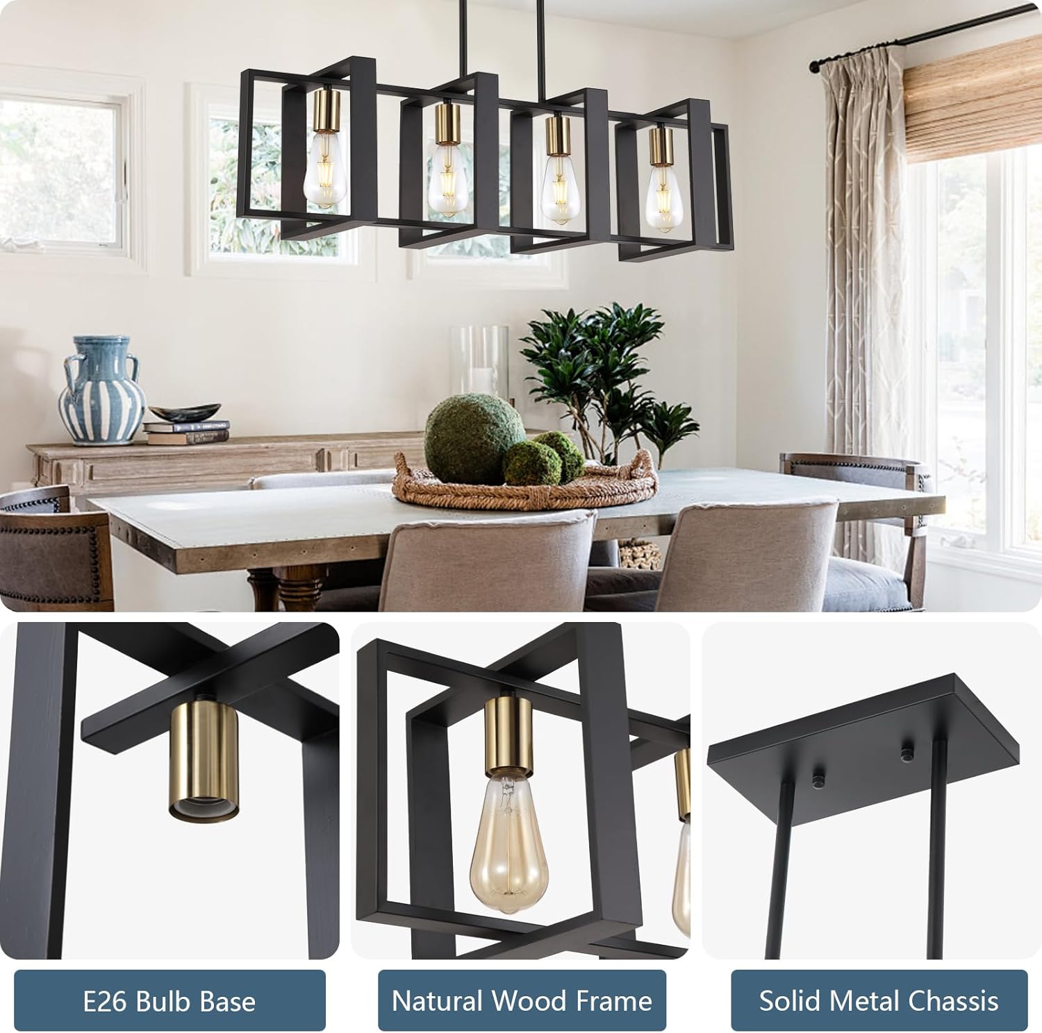 35.4" Kitchen Island Lighting Fixture, Dining Room 4 Lights Chandeliers, Black Wood+Metal Pendant Light for Foyer Hallway Living Room - Image 3