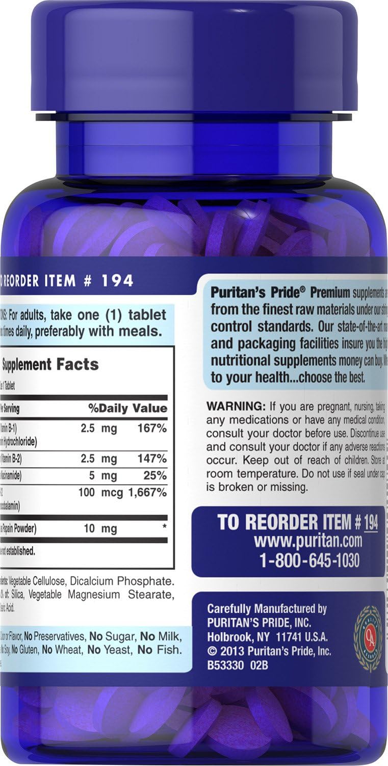 Puritan's Pride Premium Vitamin B-Complex and Vitamin B-12, Vegetarian Dietary Supplement for Cellular Energy Production, Maintains Health of Skin and Nerves Support, 180 Tablets - Image 2