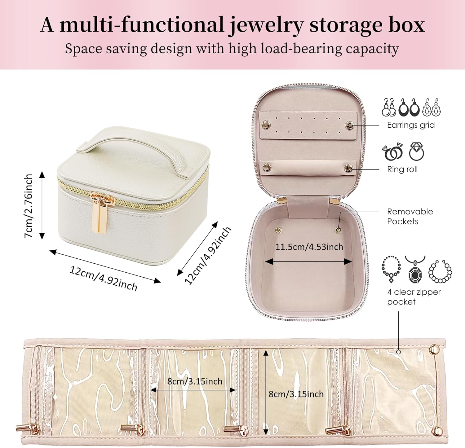 PU Leather Travel Jewelry Organizer Case with 4 Pouches & Handle, Anti-Tangle Storage Box for Necklace, Earrings, Rings, Compact Jewelry Box for Women Gift (Beige) - Image 2