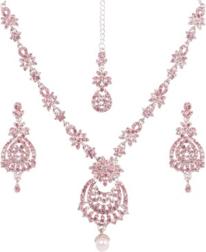 Touchstone Indian Bollywood Gorgeous intricate Workmanship Sparkling Rhinestone crystal wedding Designer Jewelry Necklace Set In Gold or Silver Tone For Women.