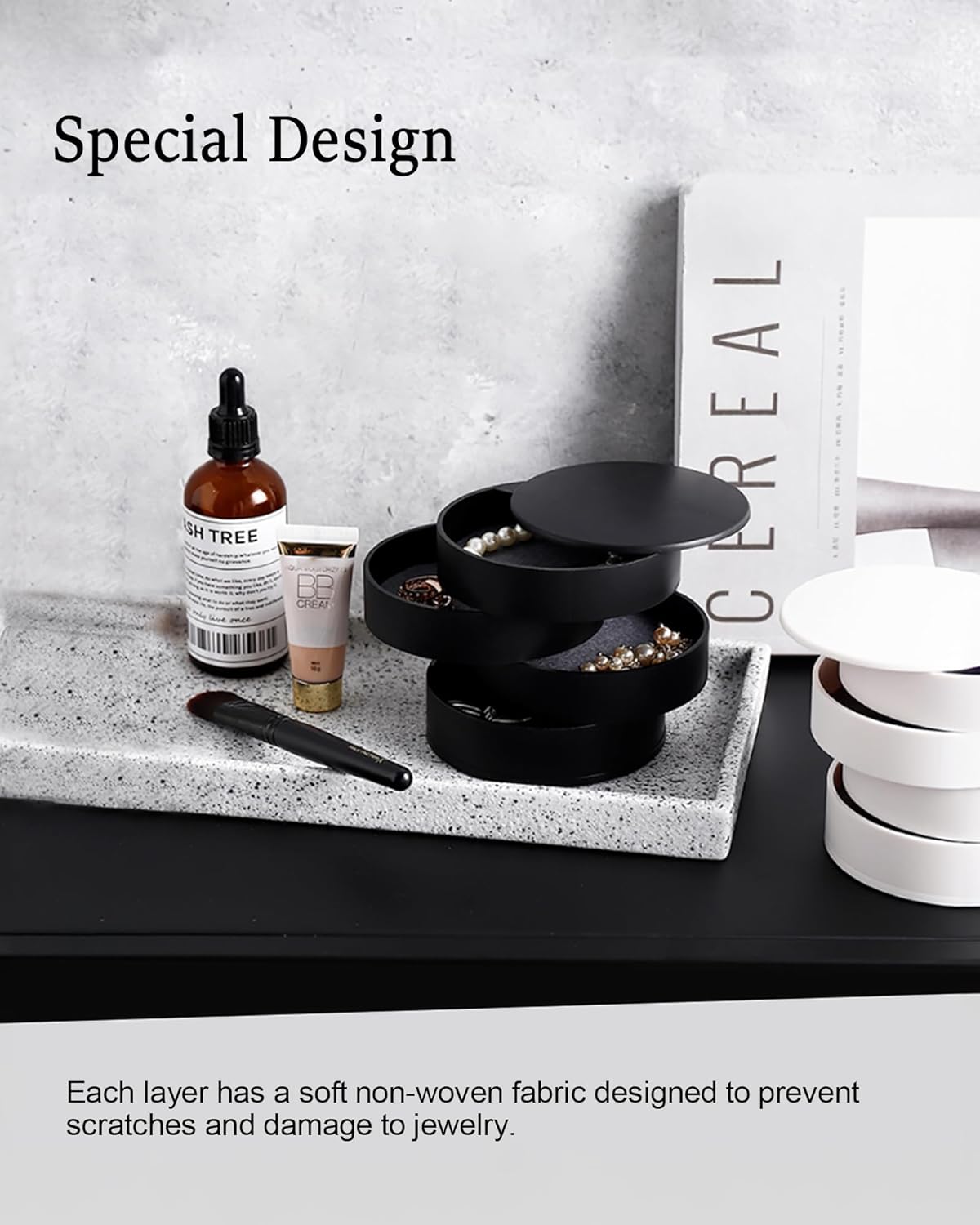 CONBOLA Jewelry Organizer, Small Jewelry Storage Box Earring Holder for Women, 5-Layer Rotating Travel Jewelry Tray Case with Lid for Bracelets Rings Bracelets, Gift for Women Teen Girls(White) - Image 5