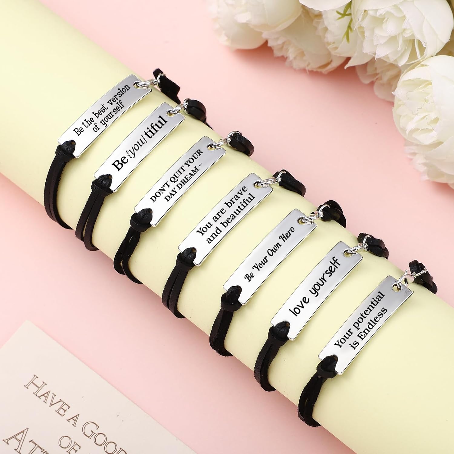 Nosiny Inspirational Gifts for Women Men with Gift Cards Envelopes Engraved Inspirational Bracelets Encouragement Jewelry Bracelets for Teen Friendsgiving(24 Pack) - Image 5