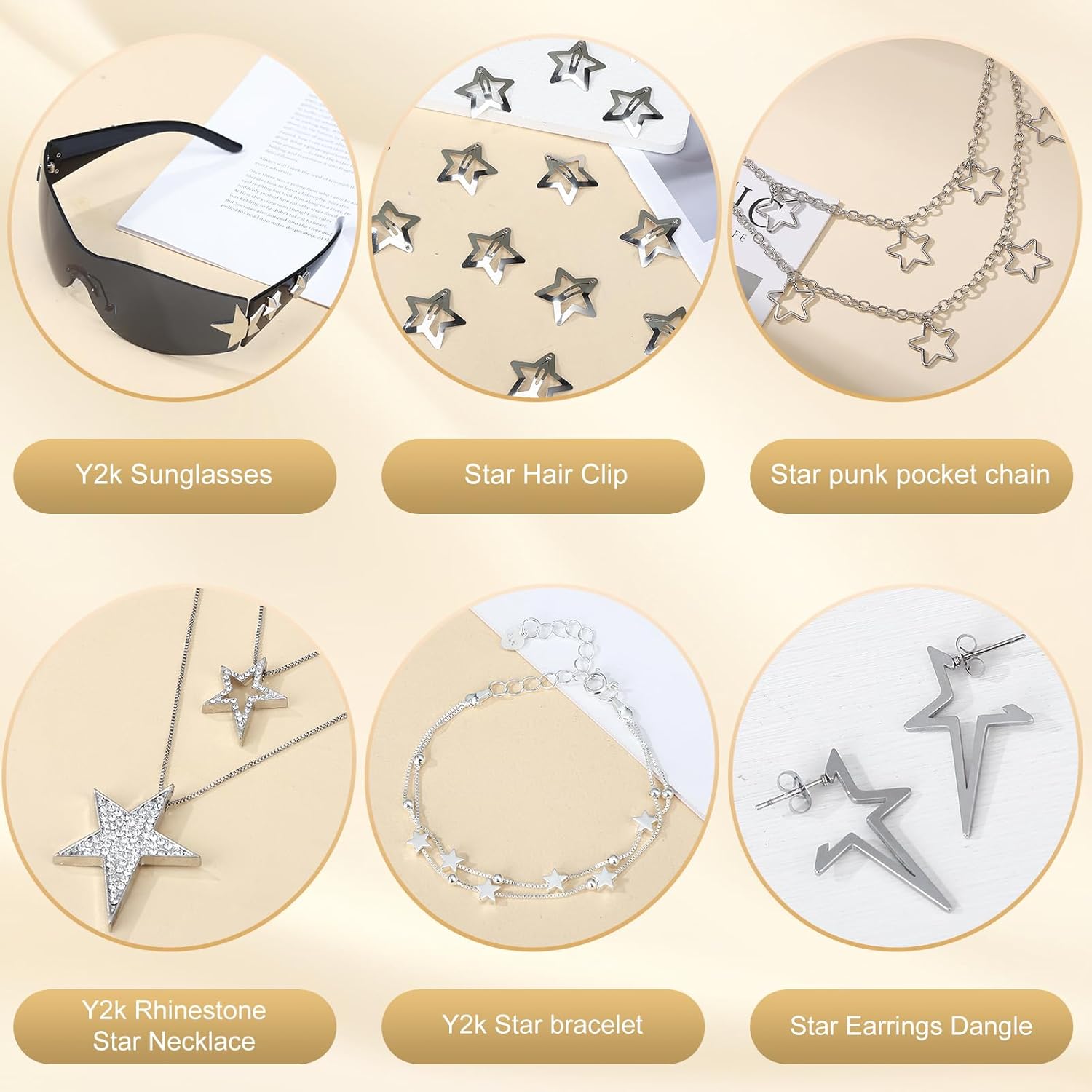 Y2k Accessories Set Included Star Y2k Grunge Necklace Sunglasses Hip Hop Pants Chain Star Hair Clip Spike Star Earrings Dangle Stars Bracelet, Christmas Jewelry Gift for Women - Image 2