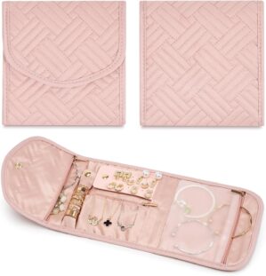 Travel Jewelry Roll Organizer Bag Foldable and Anti-Lost Jewelry Holder Storage for Rings, Necklaces, Bracelets, Earrings and Accessories, Small Pink