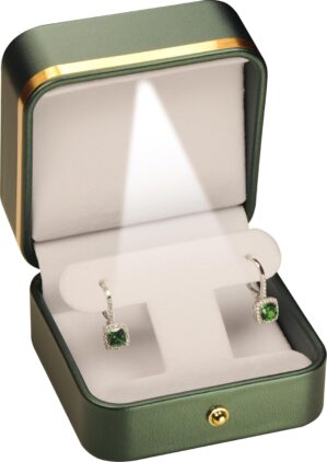 LED T Style Earring Gift Box for Dangling and Hoop Earrings Luxury PU Leather Material Multiple Use Necklace Earring Storage Holder Box with Light for Women for Men (1, Green)