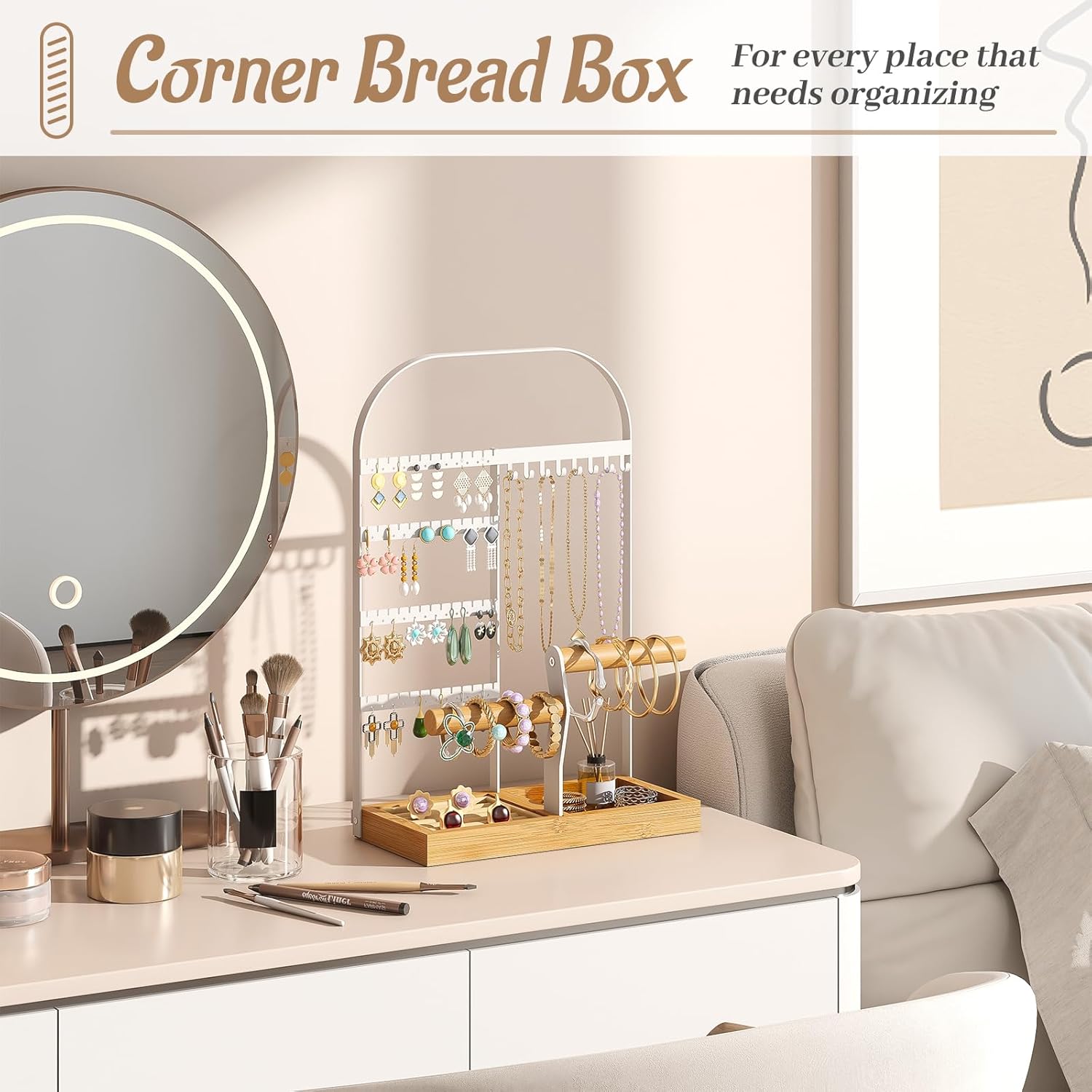 BMOSU Jewelry Organizer Stand with Velvet Ring Holder 2 Bracelet Holder Display 4 Tier Jewelry Rack with 8 Necklace Hooks and 48 Earring Holes Organizer Storage Wooden Box White - Image 3