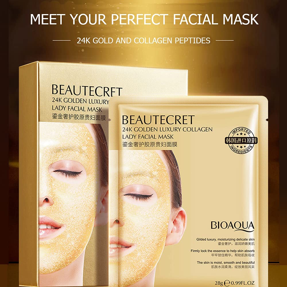 BIOAQUA Beautecret 24k Golden Luxury Collagen Lady Facial Mask Moisturizing Smooth Facial Skin Care 4x28g - Image 8