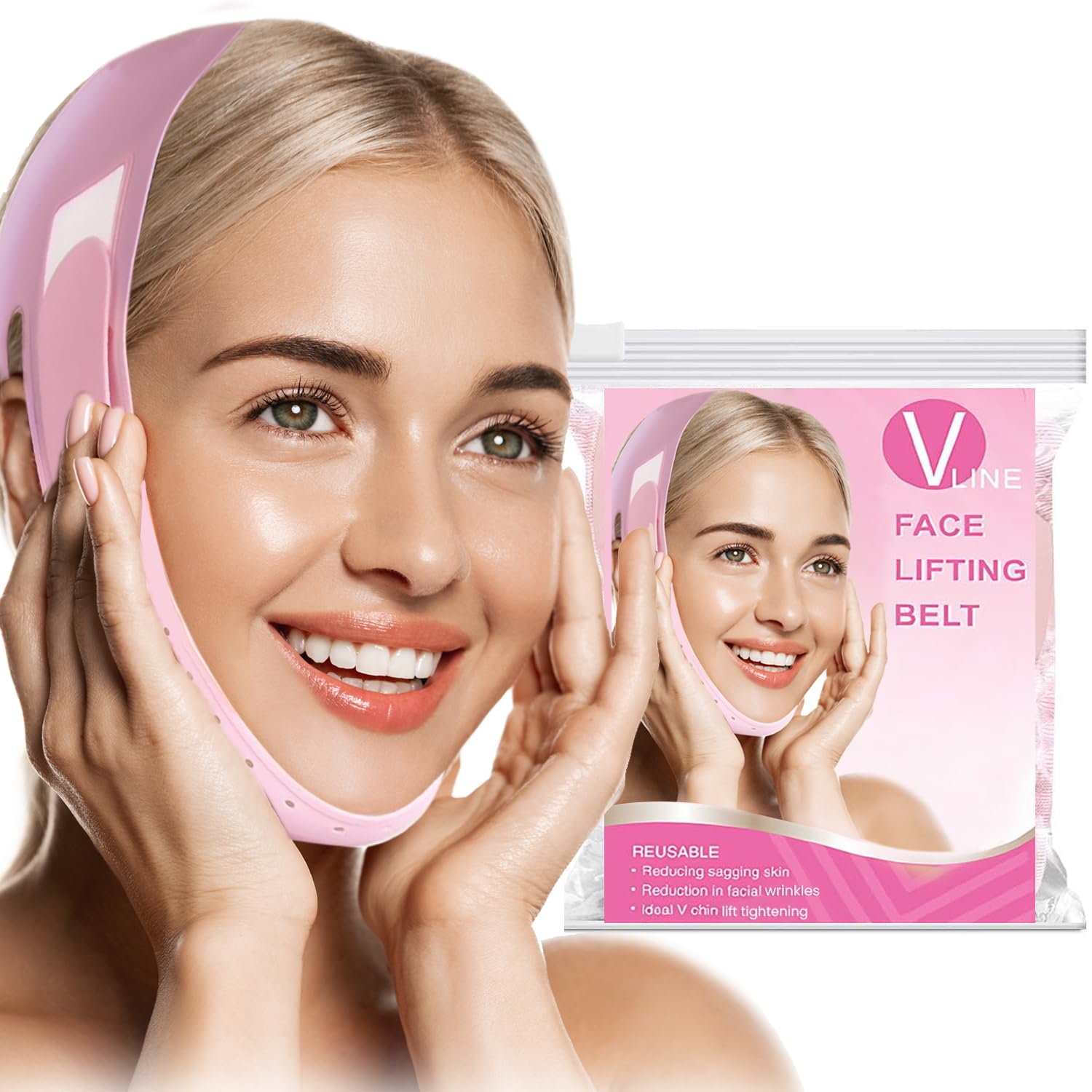 V-Line Lifting Mask Chin Strap: Reusable Face Lift Tape Chin Strap for Sleeping Jaw Exerciser, Pink 1