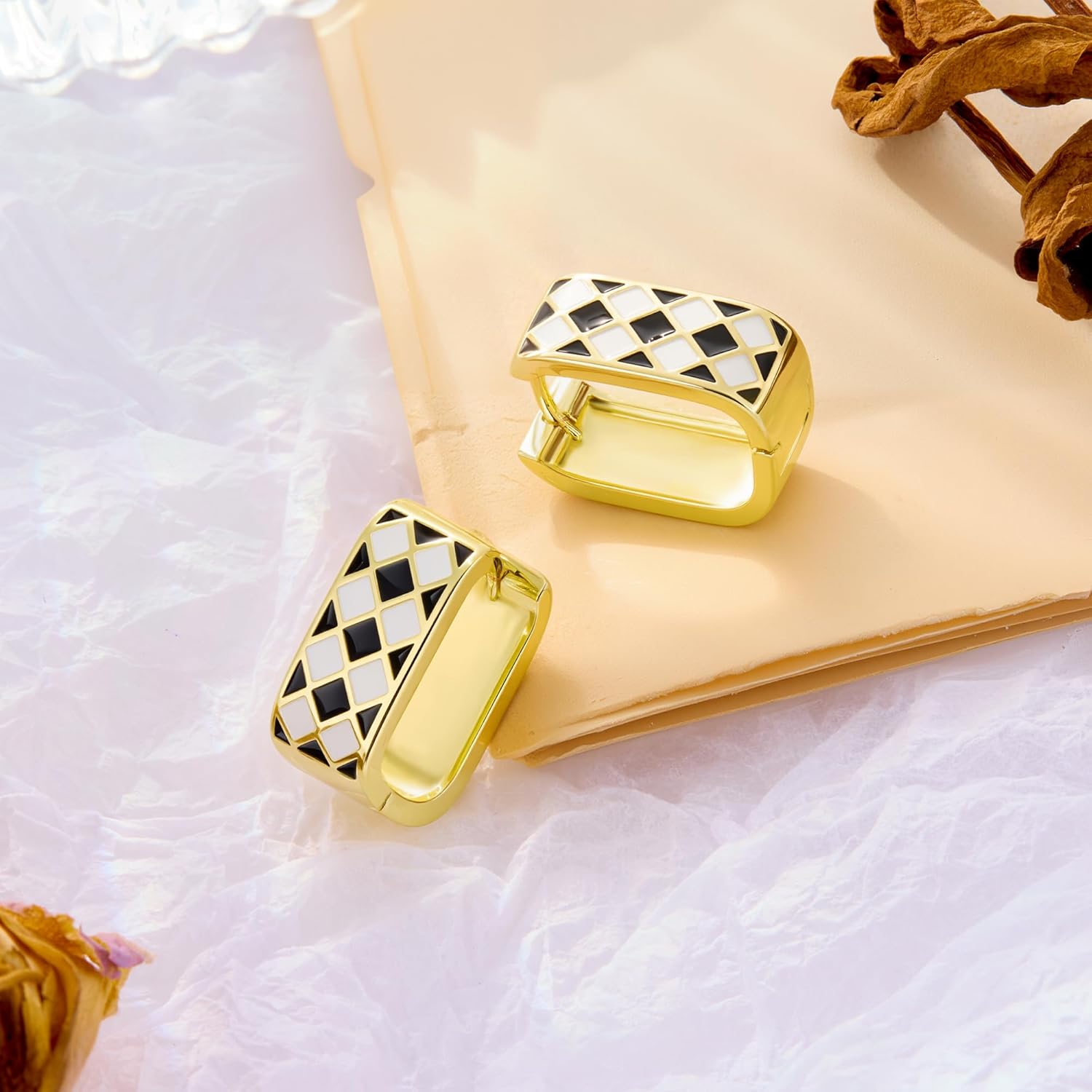 14K Gold Plated Hoop Earrings for Women Trendy Dainty Checkered Hoop Earrings White Black Enamel Sterling Silver Post Hypoallergenic Chic Checker Small Chunky Huggie Hoops Earring - Image 6