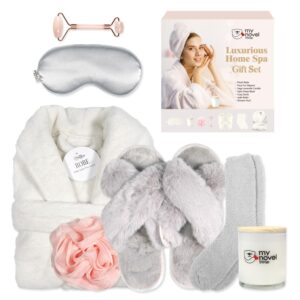 Birthday Gifts for Women,Spa Robe and Slippers Set, Bathrobe With Silky Satin Sleep Mask, Scented Candle Self Care 7 Pack Suitable for Christmas Thanksgiven Day Grey