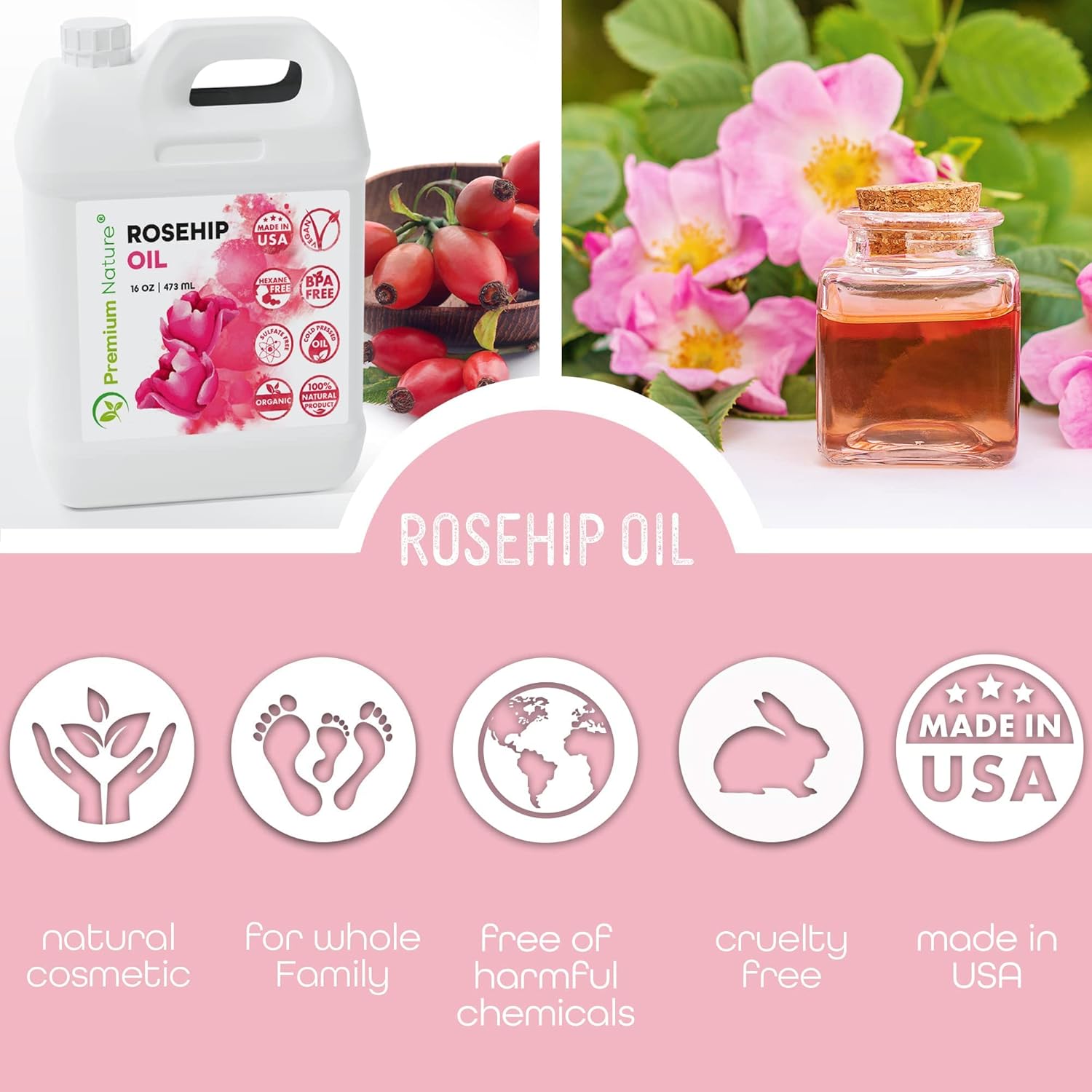 Rosehip Oil for Skin Face Body Hair Nails 16oz Cold Pressed Unrefined Rose Hip Seed Oil Moisturizing Facial Oil Bulk Aceite Rosa Mosqueta Puro 100 Organico Rose Oil For Face Oil For Dry Skin - Image 2