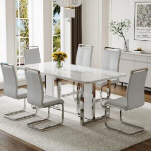 63″ Dining Table Set for 6,White Dining Table Set with Chrome Plate Leg, Faux Marble Kitchen Table and Chairs Set of 6,Modern Dining Room Table Set for Dinner Room,High Glossy,Sturdy Structure