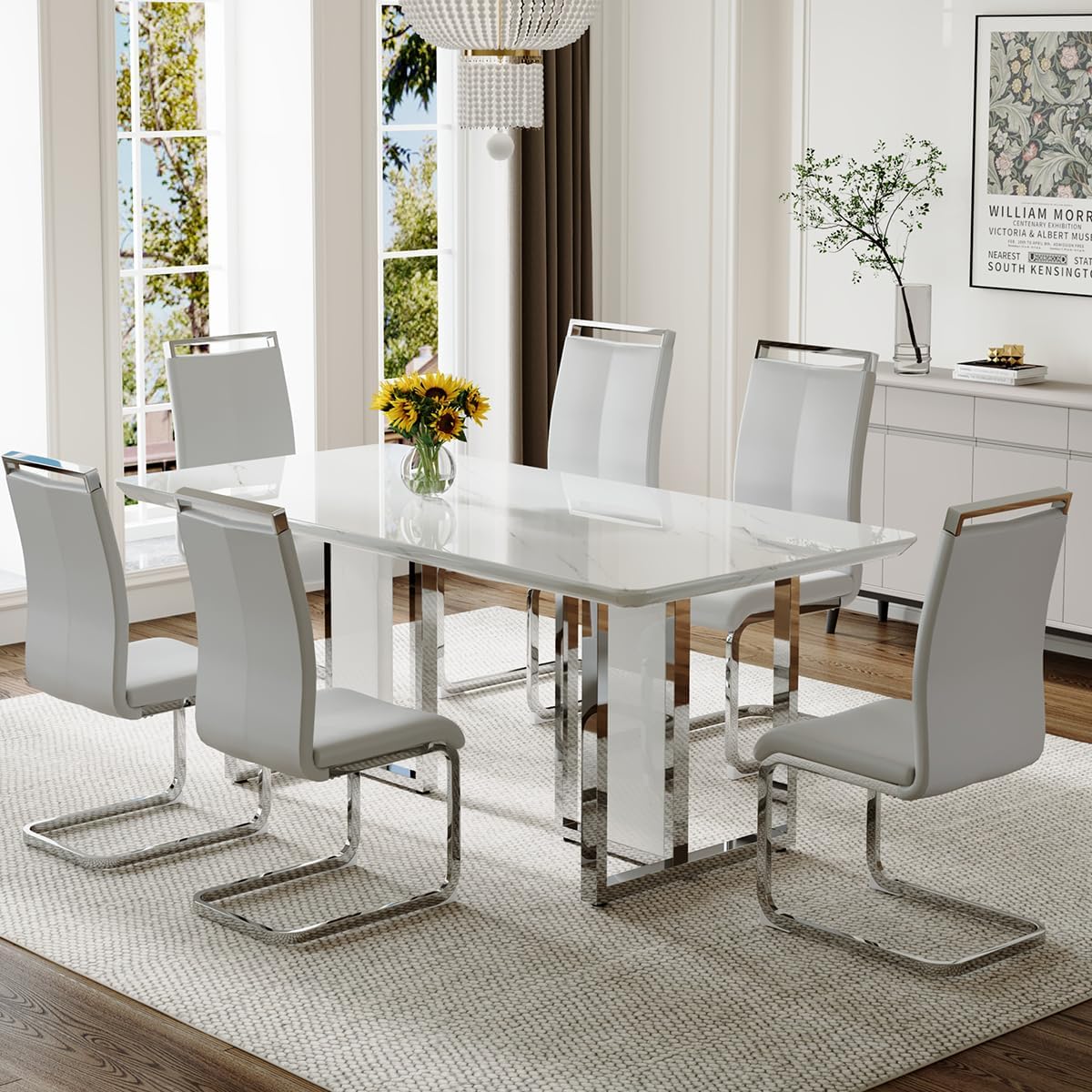 63" Dining Table Set for 6,White Dining Table Set with Chrome Plate Leg, Faux Marble Kitchen Table and Chairs Set of 6,Modern Dining Room Table Set for Dinner Room,High Glossy,Sturdy Structure
