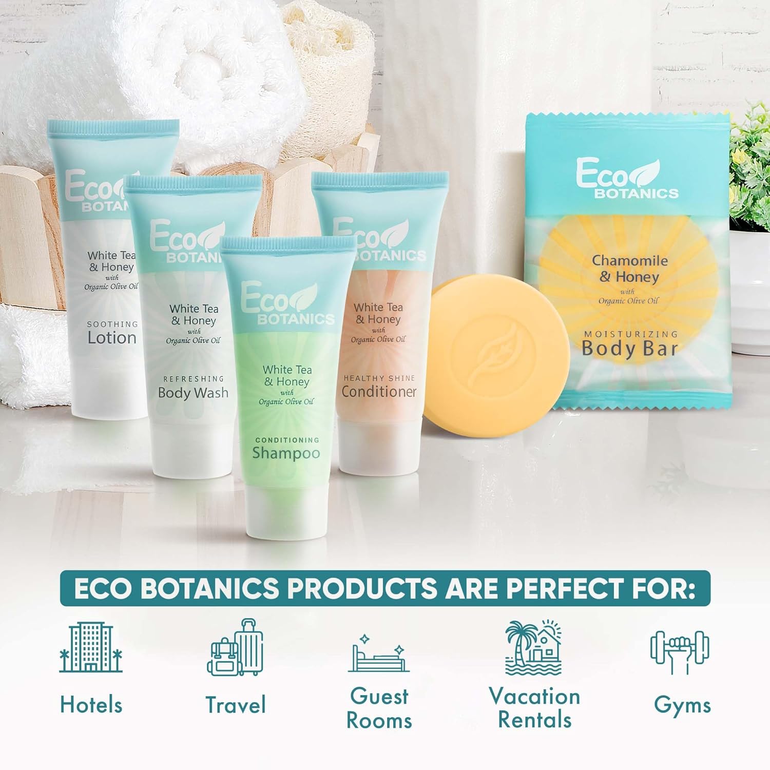 Eco Botanics Hotel Soaps & Toiletries Bulk Set | 1-Shoppe Amenities Kit | 0.85oz Shampoo & Conditioner, Body Wash, Lotion, 0.89oz Bar Soap | Travel Size | 150 Pieces - Image 2