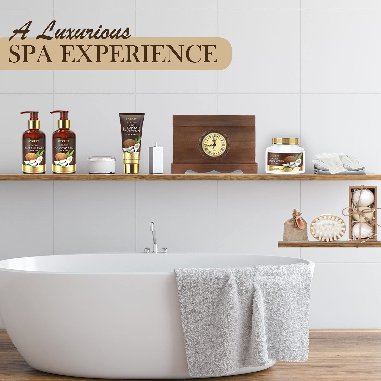 Mens Gift, Bath Set in a Vintage Style Wooden Clock Box, 13Pc Premium Coconut Spa Kit for Men & Women, Body Lotion, Handmade Soap, Bath Bomb, Coconut Shampoo & Conditioner, Massager & More - Image 6