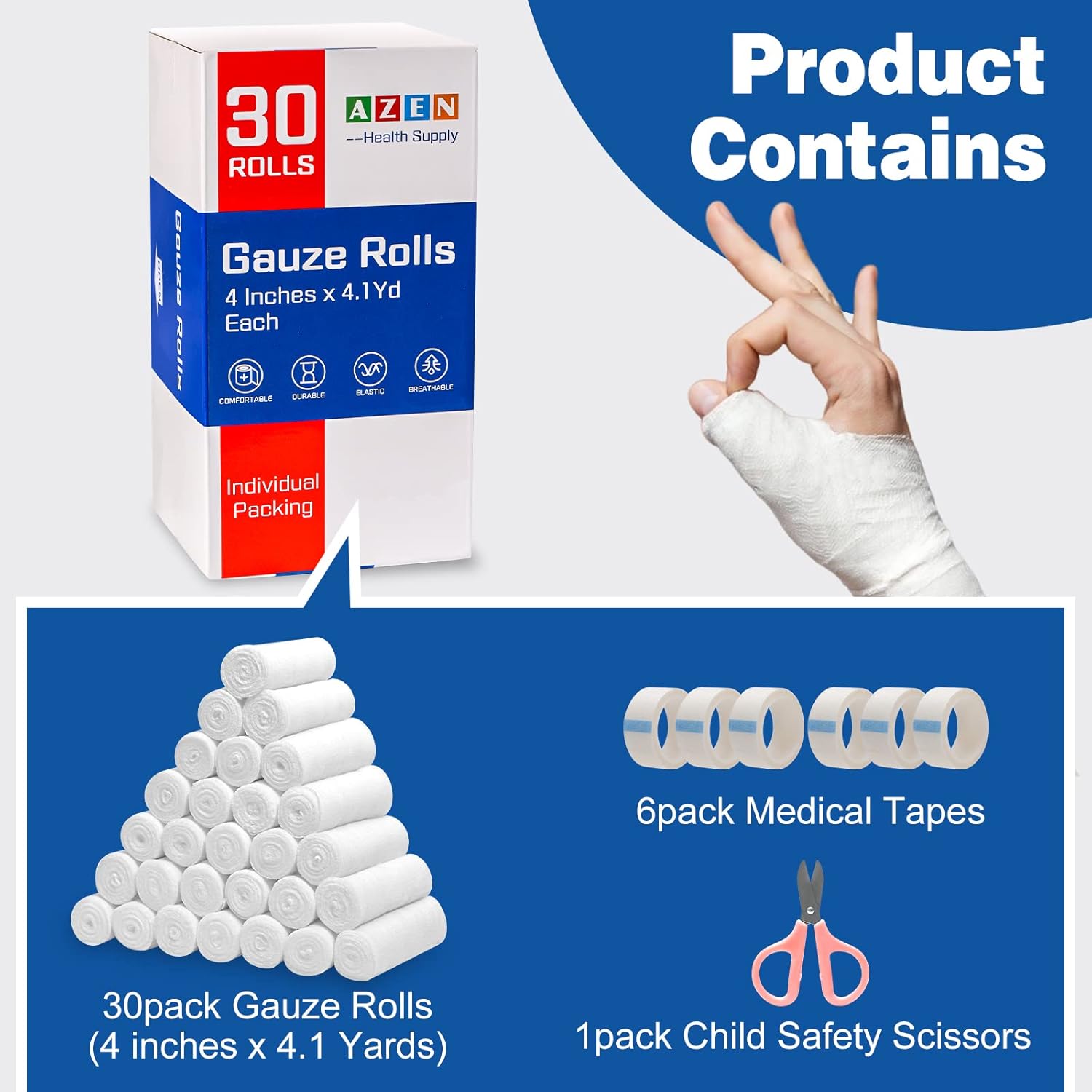 AZEN 30 Pack Gauze Rolls Bandages, 4 in x 4.1 Yards, Premium Medical Supplies & First Aid Supplies, Bandage Wrap Vet Wrap, Mummy Wraps - Image 2