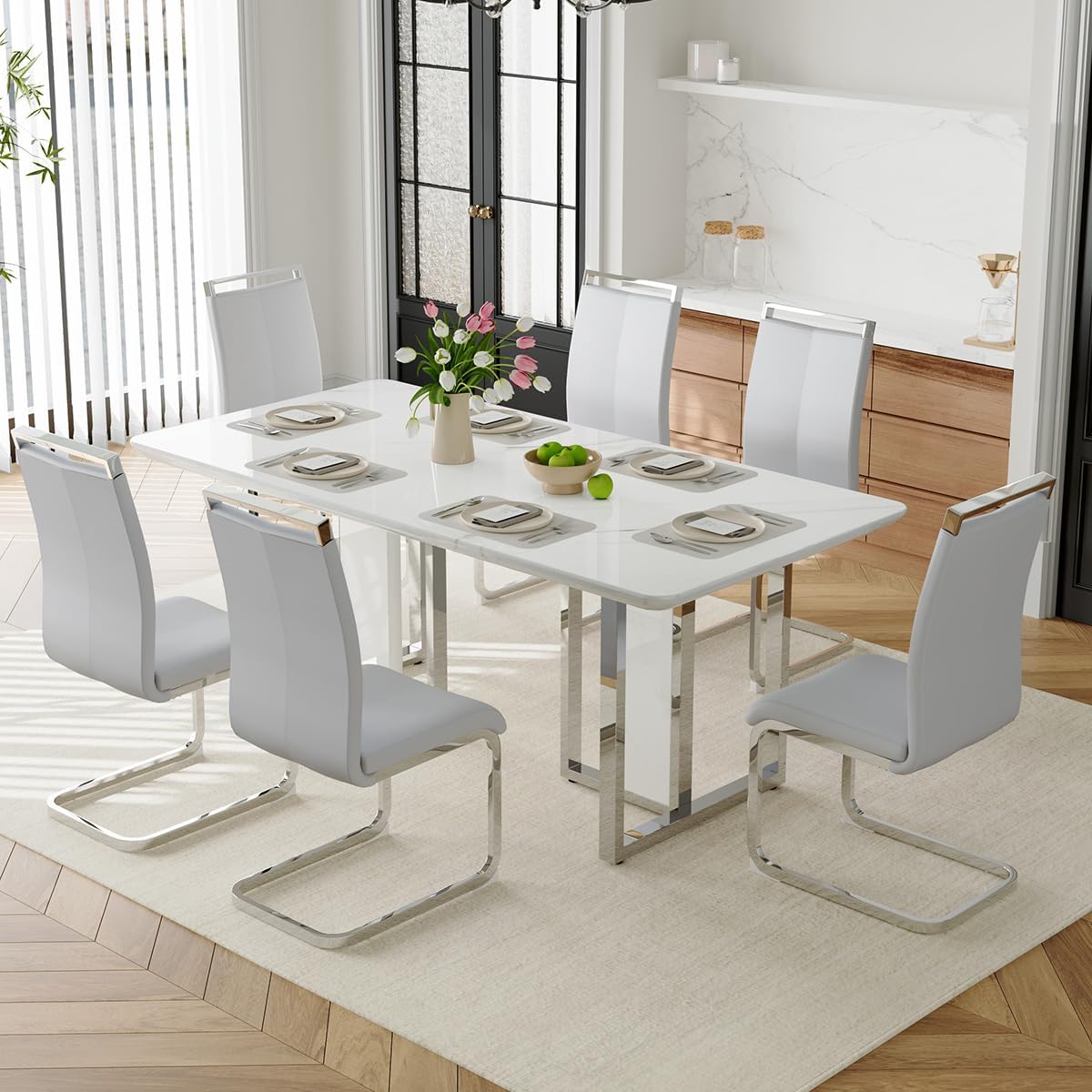 63" Dining Table Set for 6,White Dining Table Set with Chrome Plate Leg, Faux Marble Kitchen Table and Chairs Set of 6,Modern Dining Room Table Set for Dinner Room,High Glossy,Sturdy Structure - Image 9