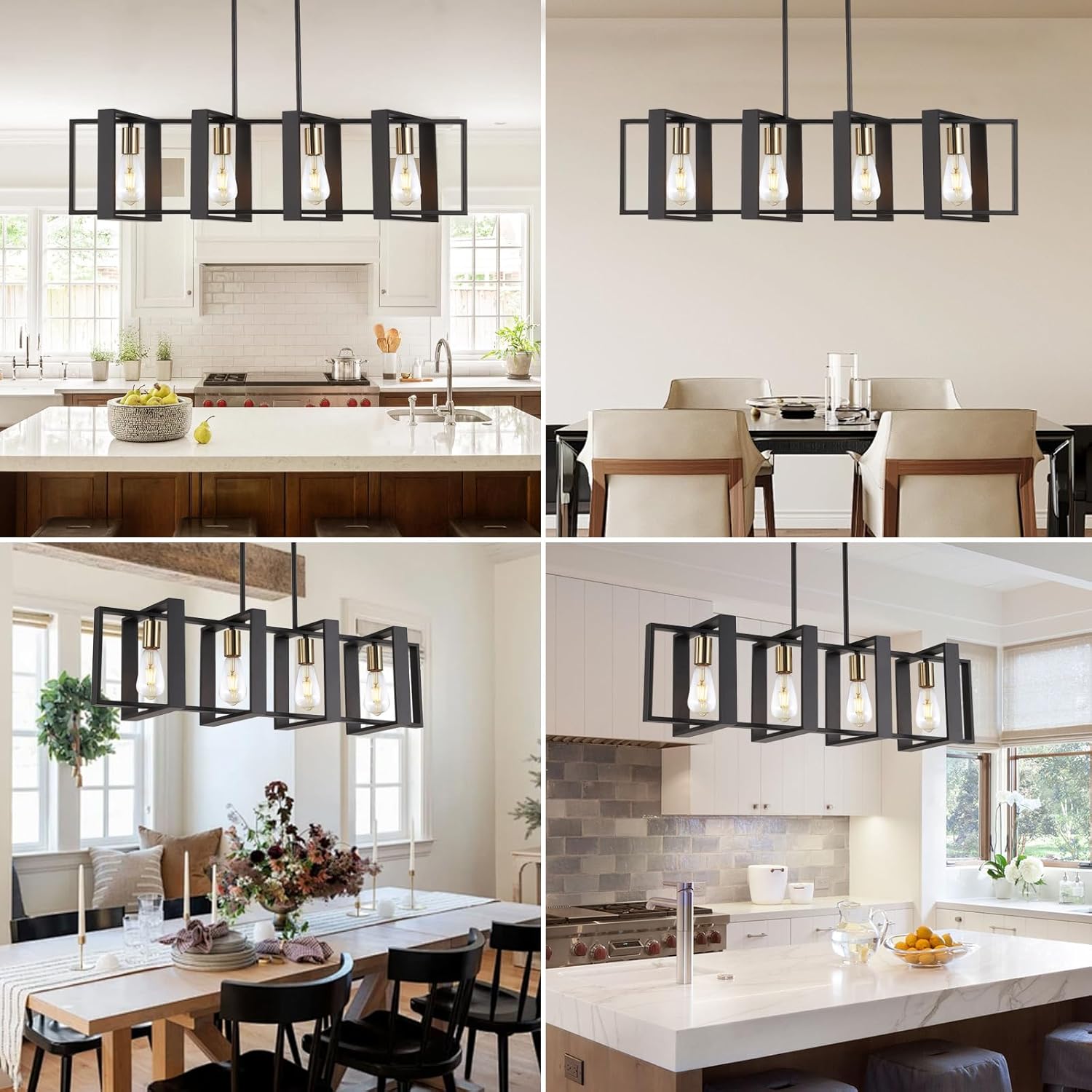 35.4" Kitchen Island Lighting Fixture, Dining Room 4 Lights Chandeliers, Black Wood+Metal Pendant Light for Foyer Hallway Living Room - Image 7