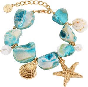 Firstmeet Natural Freshwater Shell Bracelet With Pearl Starfish Pendant Irregular Mother of Pearl Jewelry for Women