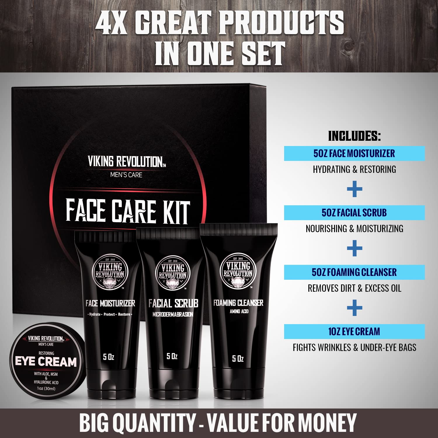 Viking Revolution Mens Facial Skin Care Kit - Includes Rejuvenating Face Moisturizer (5oz) Microdermabrasion Facial Scrub (5oz) Foaming Cleanser (5oz) Eye Cream (1oz) - Image 4
