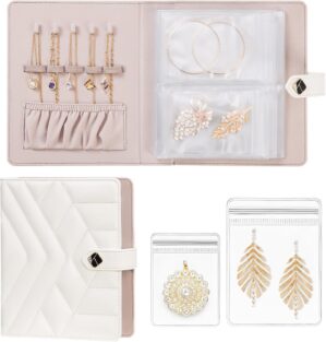 Homde Women Travel Jewelry Box: Traveling Organizer for Ring Necklace Bracelet – Storage Book with Plastic Pouches for Friend Sister Mother