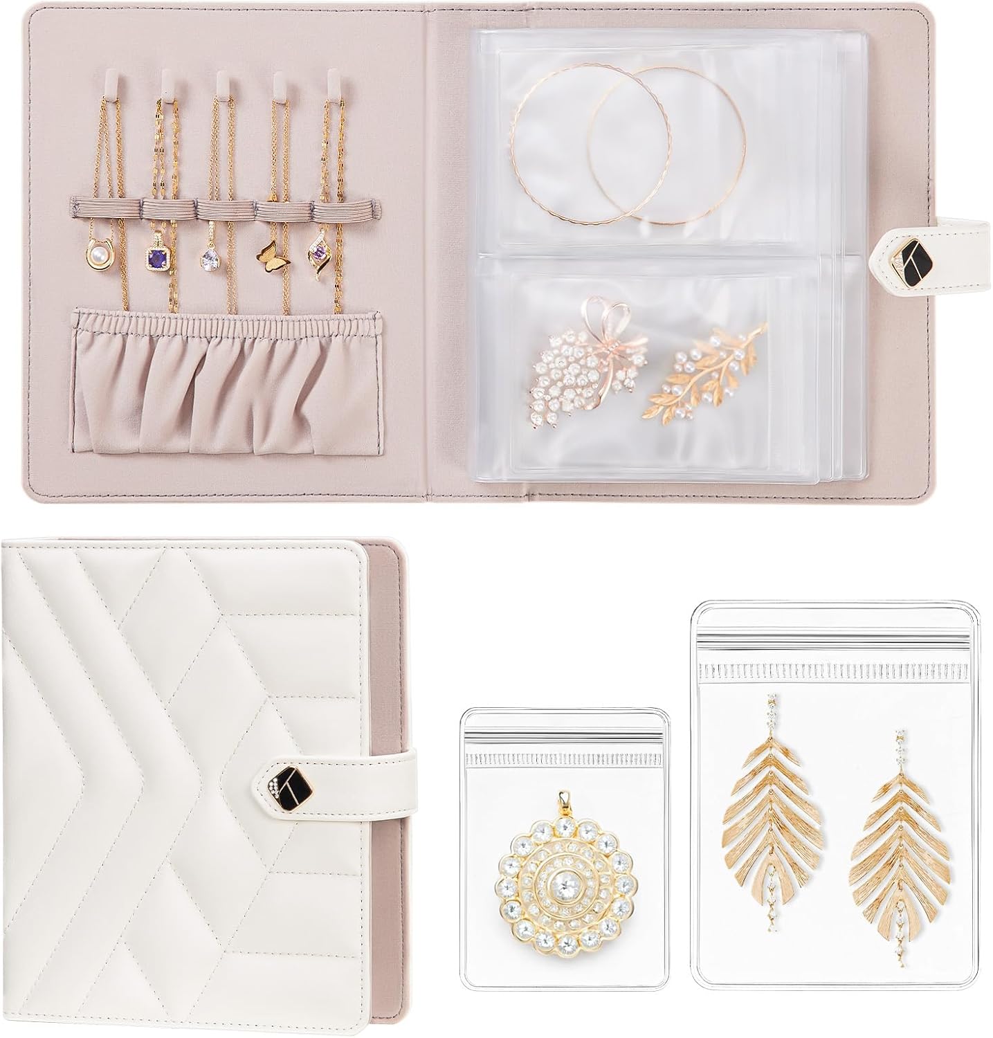 Homde Women Travel Jewelry Box: Traveling Organizer for Ring Necklace Bracelet - Storage Book with Plastic Pouches for Friend Sister Mother