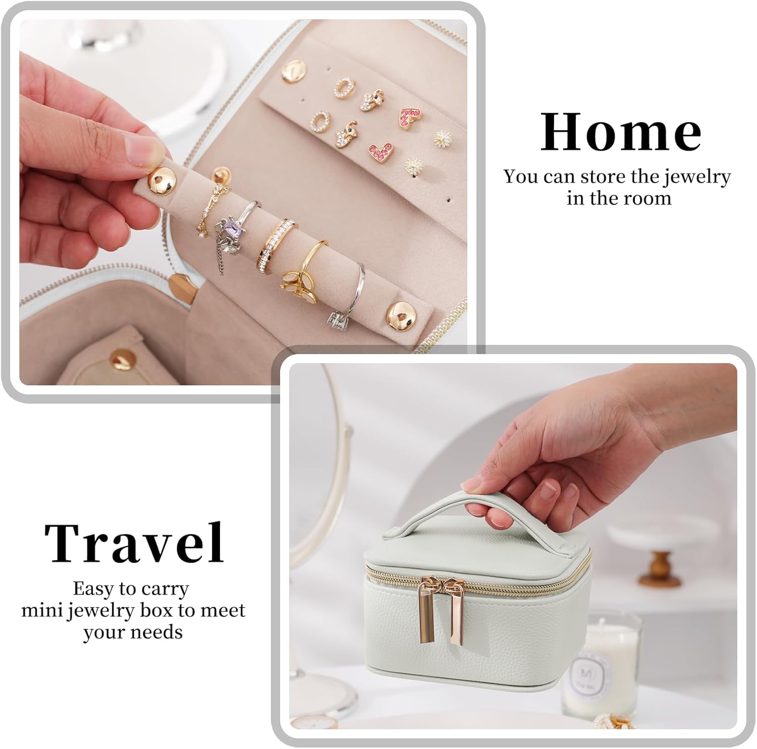 PU Leather Travel Jewelry Organizer Case with 4 Pouches & Handle, Anti-Tangle Storage Box for Necklace, Earrings, Rings, Compact Jewelry Box for Women Gift (Beige) - Image 5