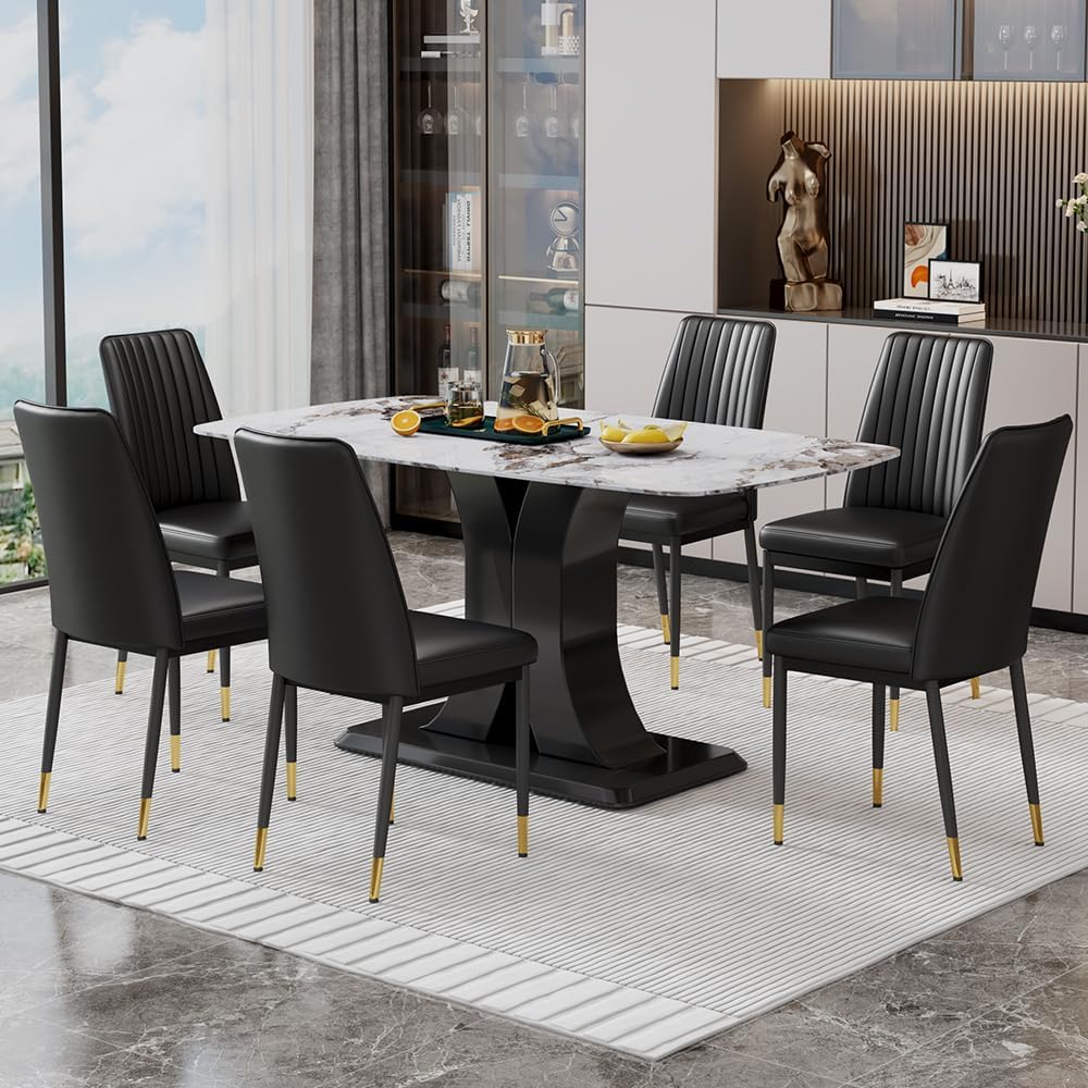 Modern Dining Table Set for 6, Marble Kitchen Table Chair Set for 6, Rectangular Kitchen Table with 6 Pu Leather Upholstered Chair for Dining Room - Image 2