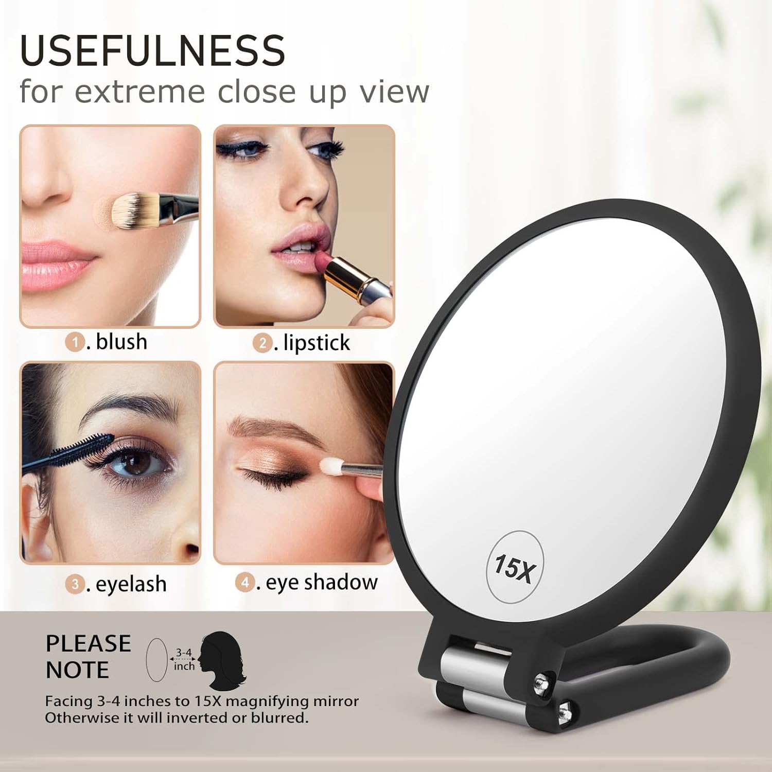 Magnifying Handheld Mirror Double Sided, 1X 15X Magnification Hand Mirror, Travel Folding Held Adjustable Rotation Pedestal Makeup Desk Vanity - Image 3