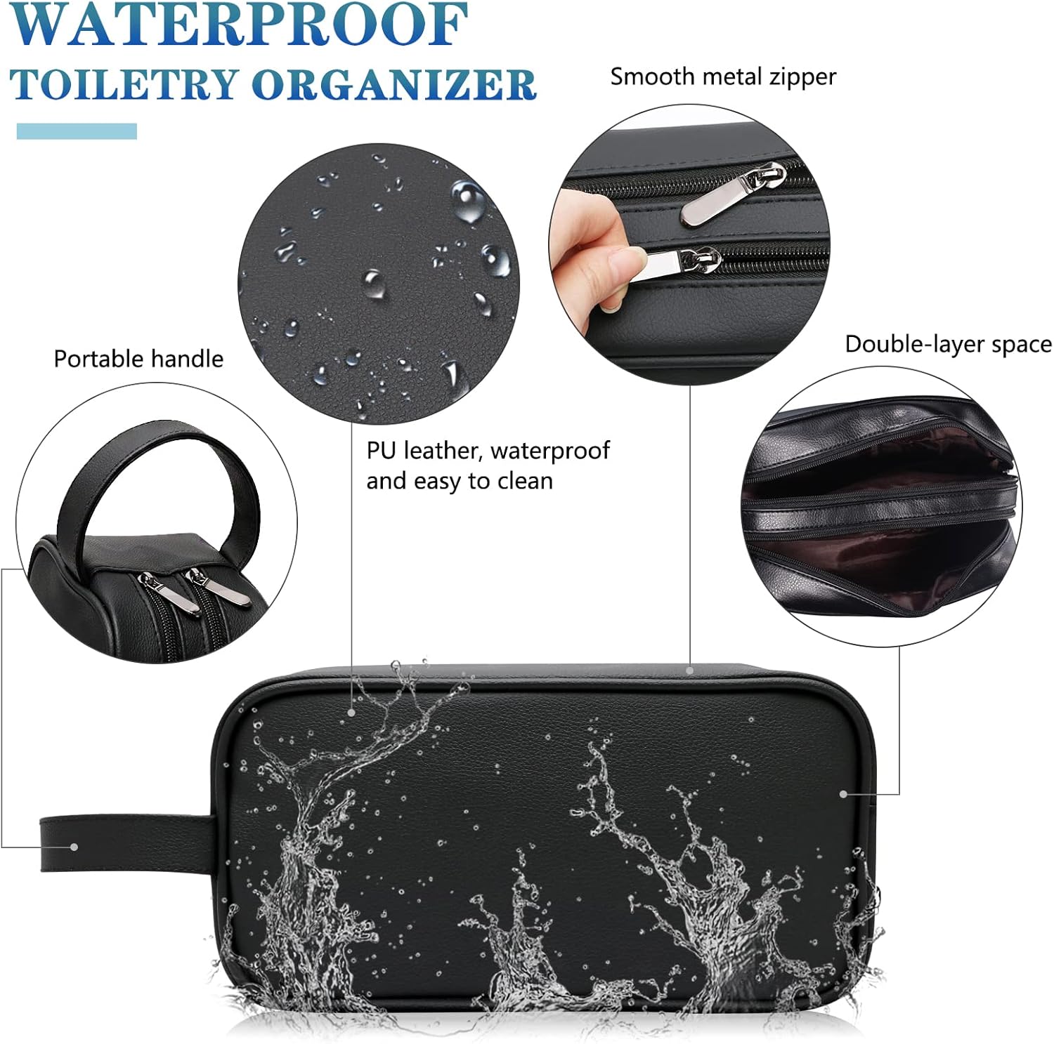 HappyDavid Soft PU Leather Zipped Travel Toiletry Bag Mens Ladies Supply Toiletry Bag Case(Black) - Image 4