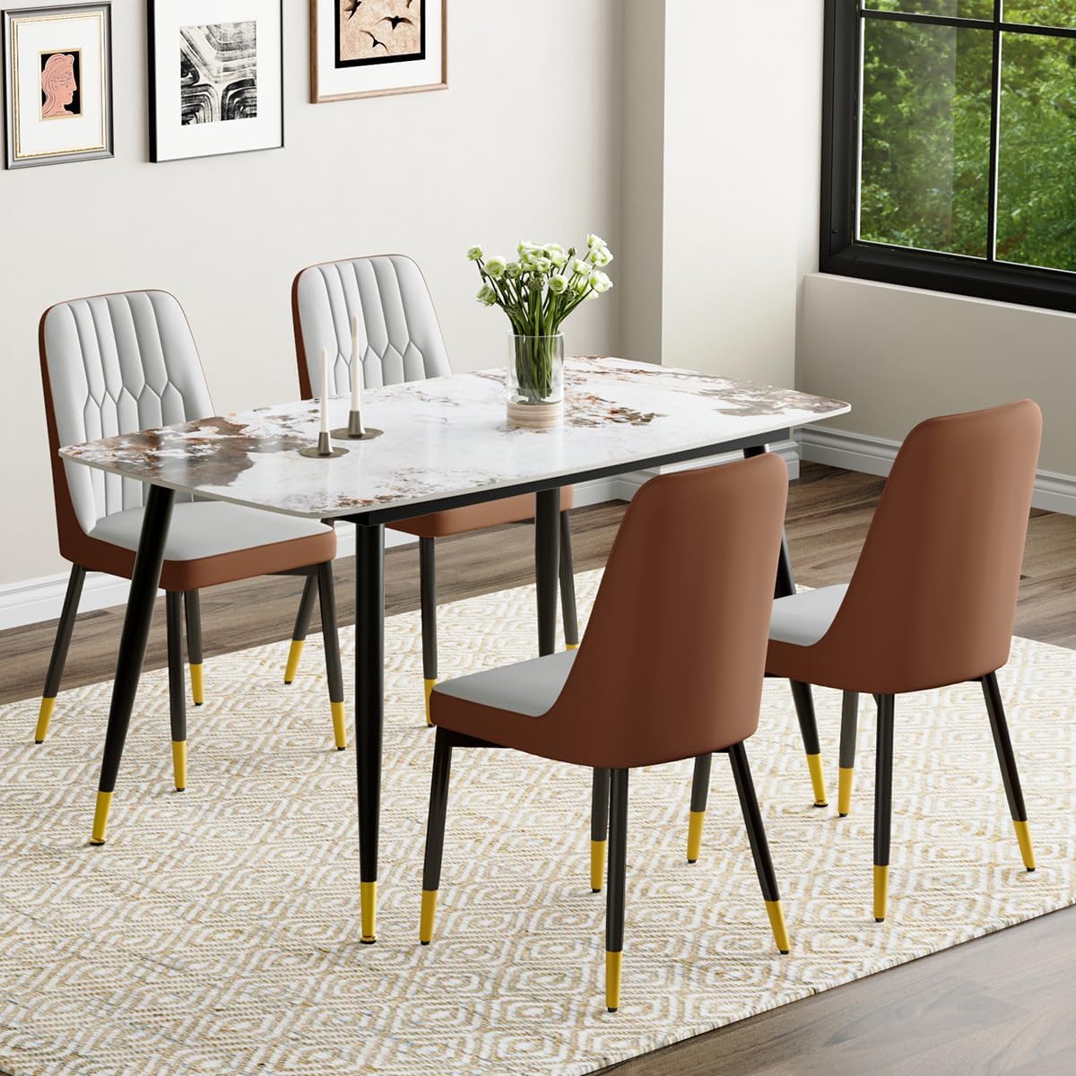 Small Dining Table Set for 4, 50'' Sintered Stone Table, Easy to Assemble, Suitable for Small Spaces