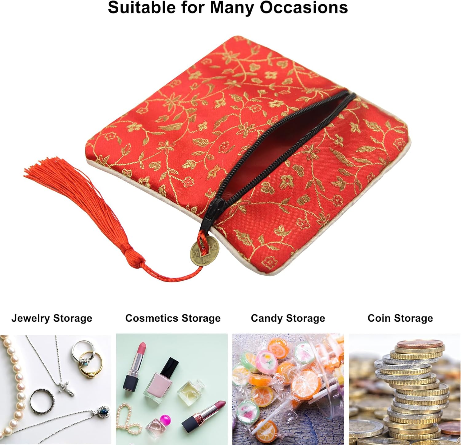 PINOWU 8pcs Silk Brocade Jewelry Bags with Zipper (11.5x11.5cm), Jewellery Silk Purse Pouch Gift Bags for Women Coins Traveling Jewelry Rolls Wedding Birthday Party Favors - Image 5