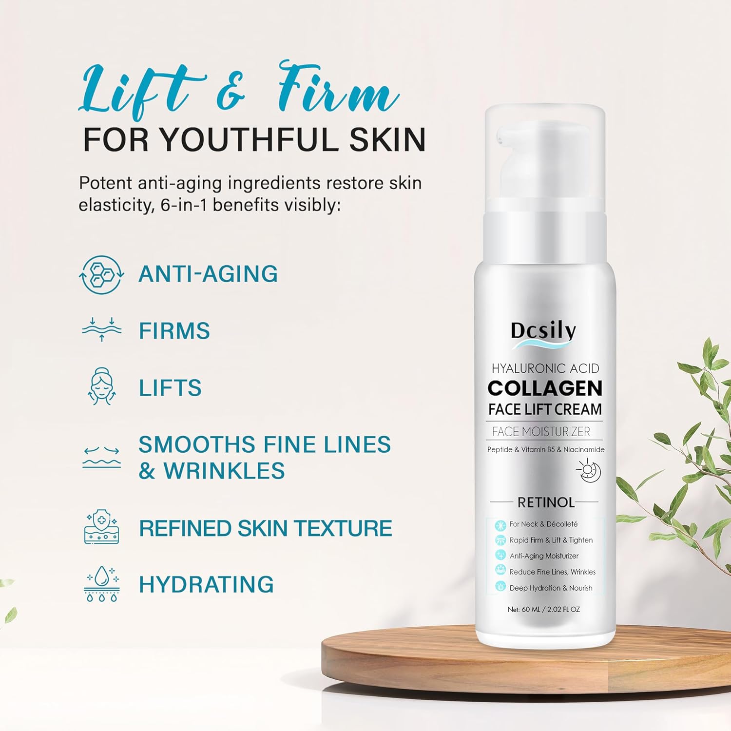 Tighten and Lift Neck Cream: Instant Face Lift Cream - 6-in-1 Anti-Aging Face Moisturizer for Anti-Wrinkle, Firm - Collagen, Retinol, Peptides & Hyaluronic Acid Neck Firming Cream for Skin Care - Image 2