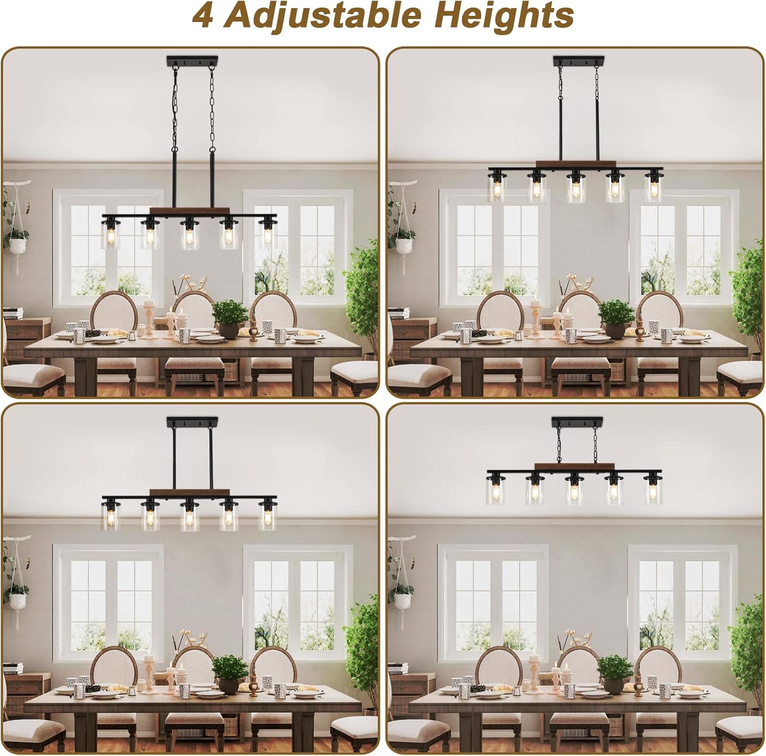 36.2‘’ Kitchen Lighting, 5-Light Dining Room Light Fixture Chandelier Over Table, Black Modern Rustic Wood Ceiling Pendant Light Fixtures, with Clear Glass Shade, Farmhouse Chandelier - Image 5