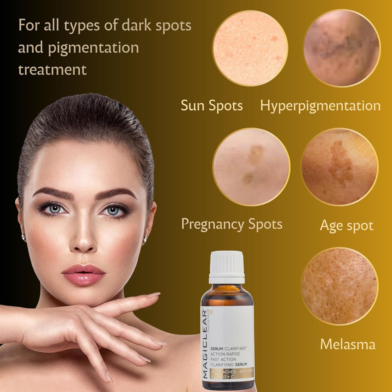 Luxury Swiss Dark Spot Remover for Face and Body Serum Gel Cream Age Sun Brown Spot Acne Freckles Corrector Melasma treatment Anti aging Skin Vitamin C + Niacinamide best organic brand Magiclear - Image 2