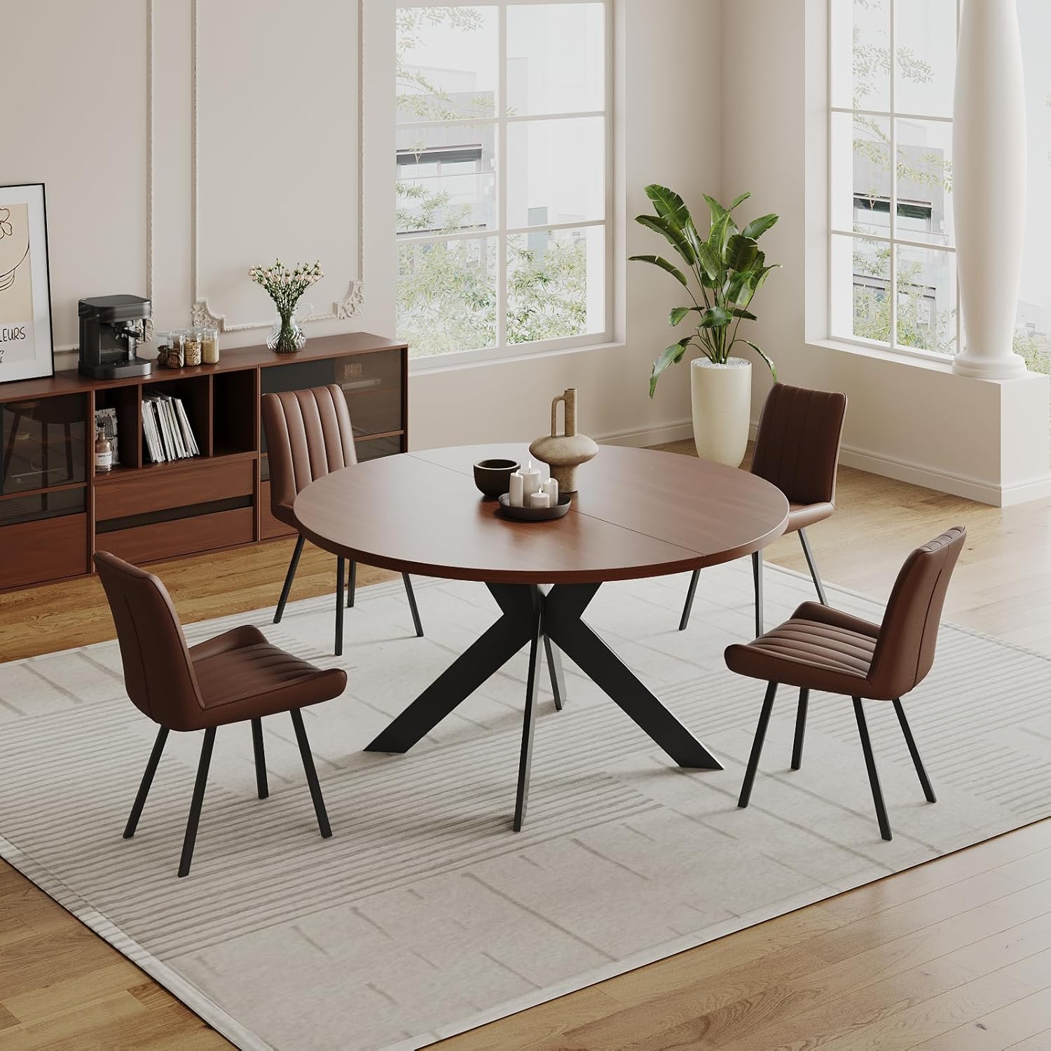 45.3" Walnut Round Dining Table Set with 4 Chairs – Mid-Century Modern Small-Space Kitchen & Dining Room Furniture for Apartment or Breakfast Nook (Boxwood – Table Only) - Image 5